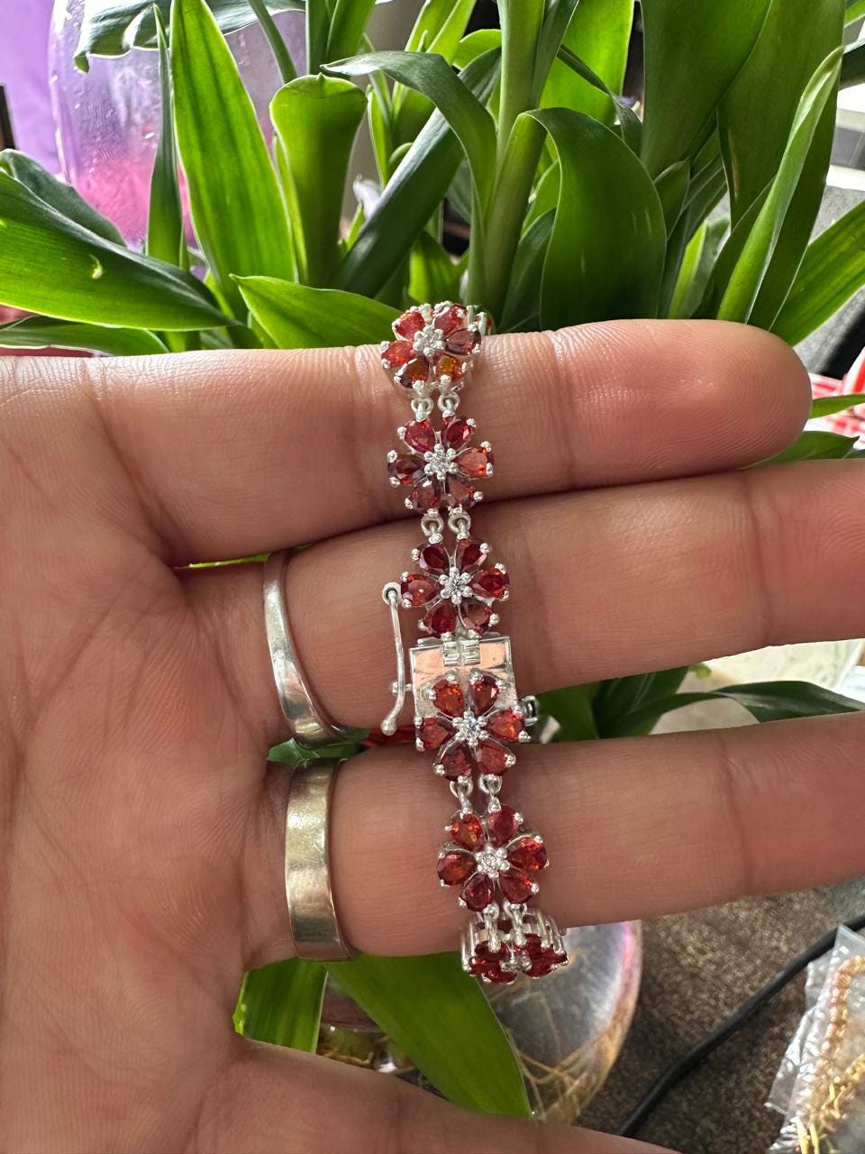 Customized Garnet Flower Bracelet | Pear Cut Red Gemstone, 925 Sterling Silver