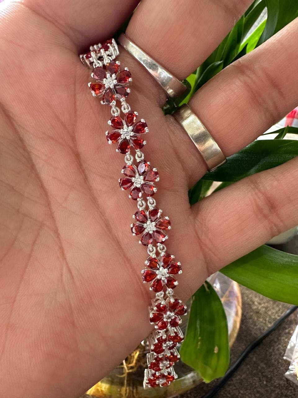 Customized Garnet Flower Bracelet | Pear Cut Red Gemstone, 925 Sterling Silver