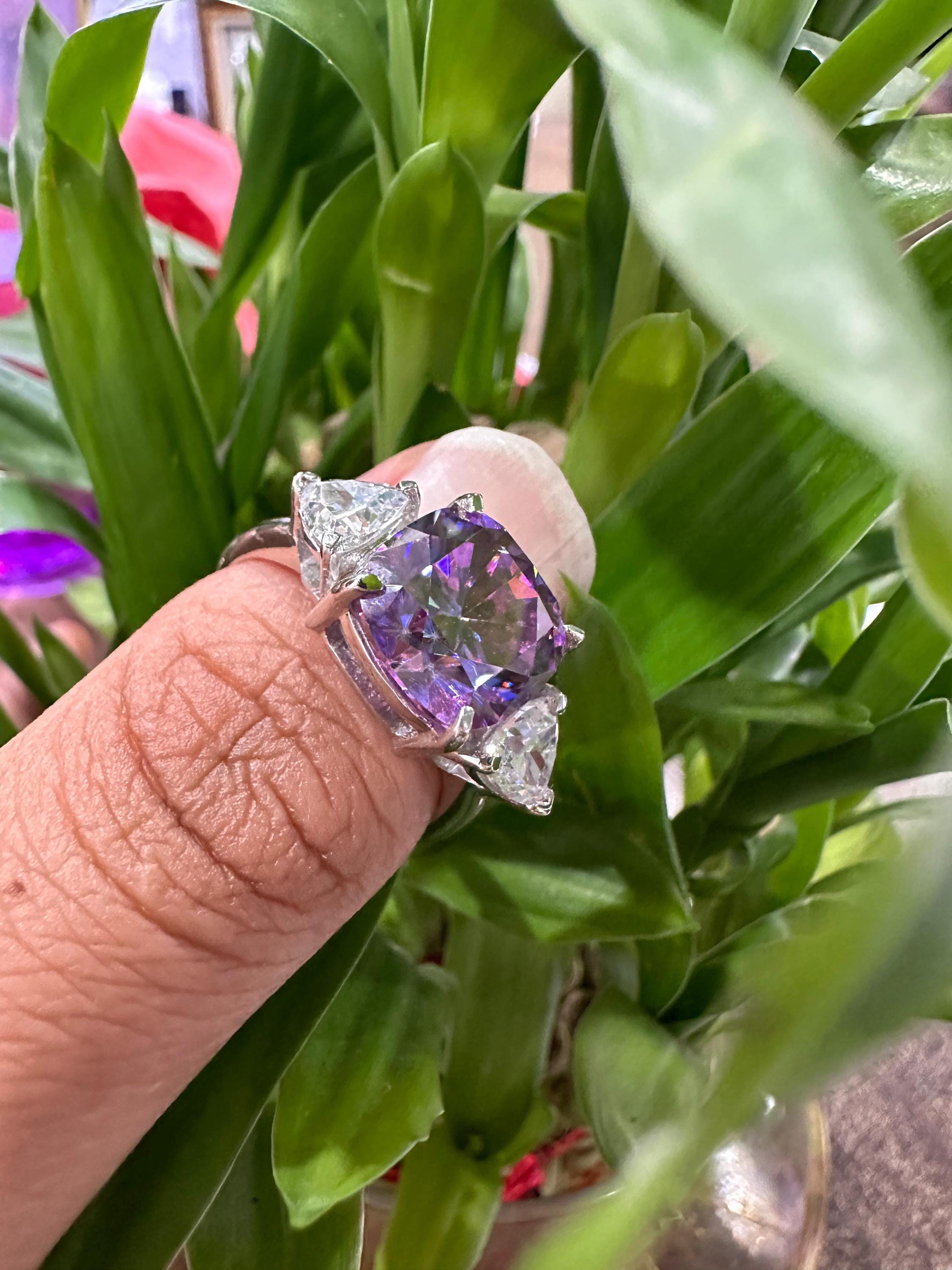 14k Gold Purple Moissanite Engagement Ring | 7 Ct Cushion Cut Statement Wedding Ring