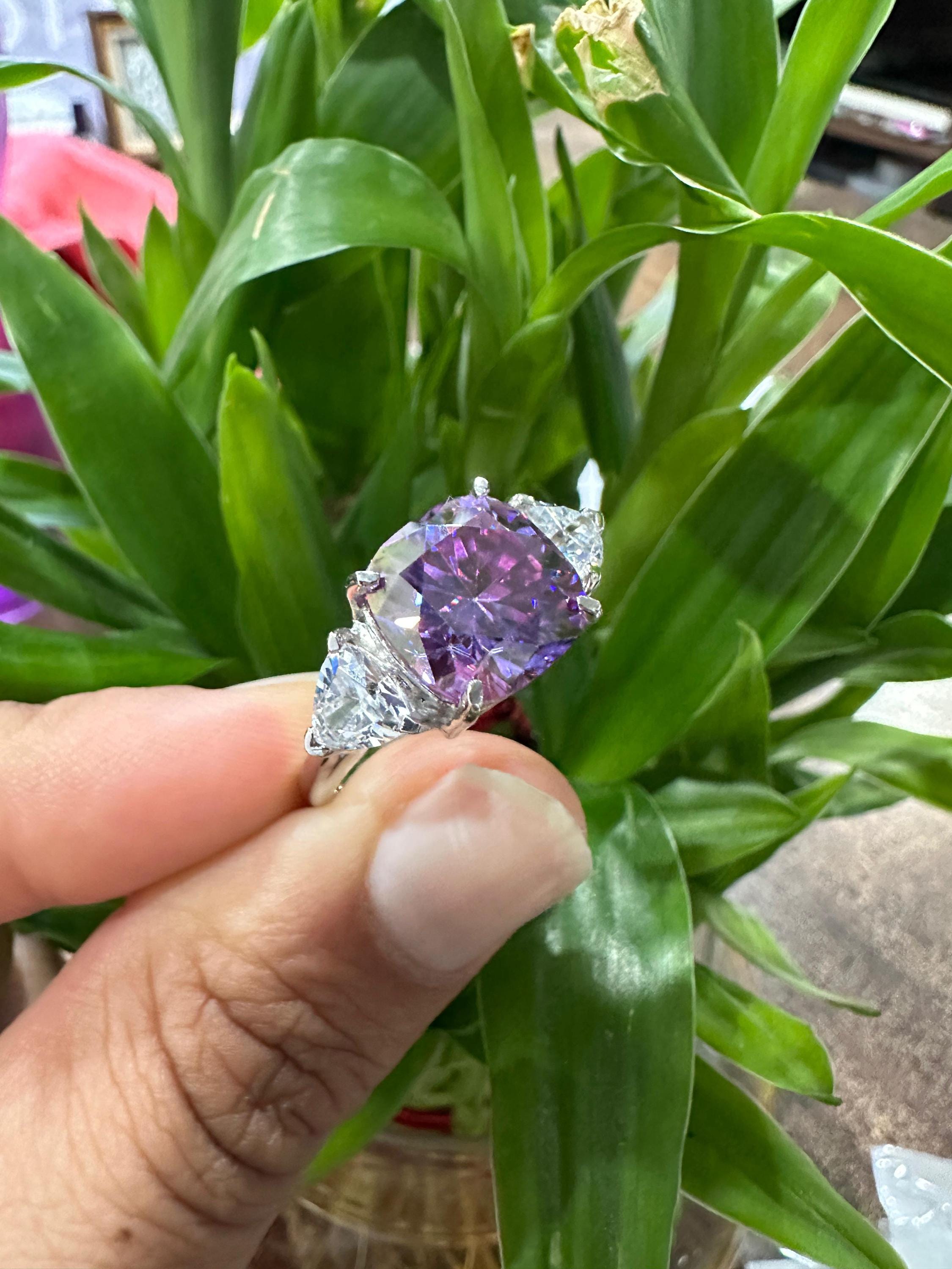 14k Gold Purple Moissanite Engagement Ring | 7 Ct Cushion Cut Statement Wedding Ring