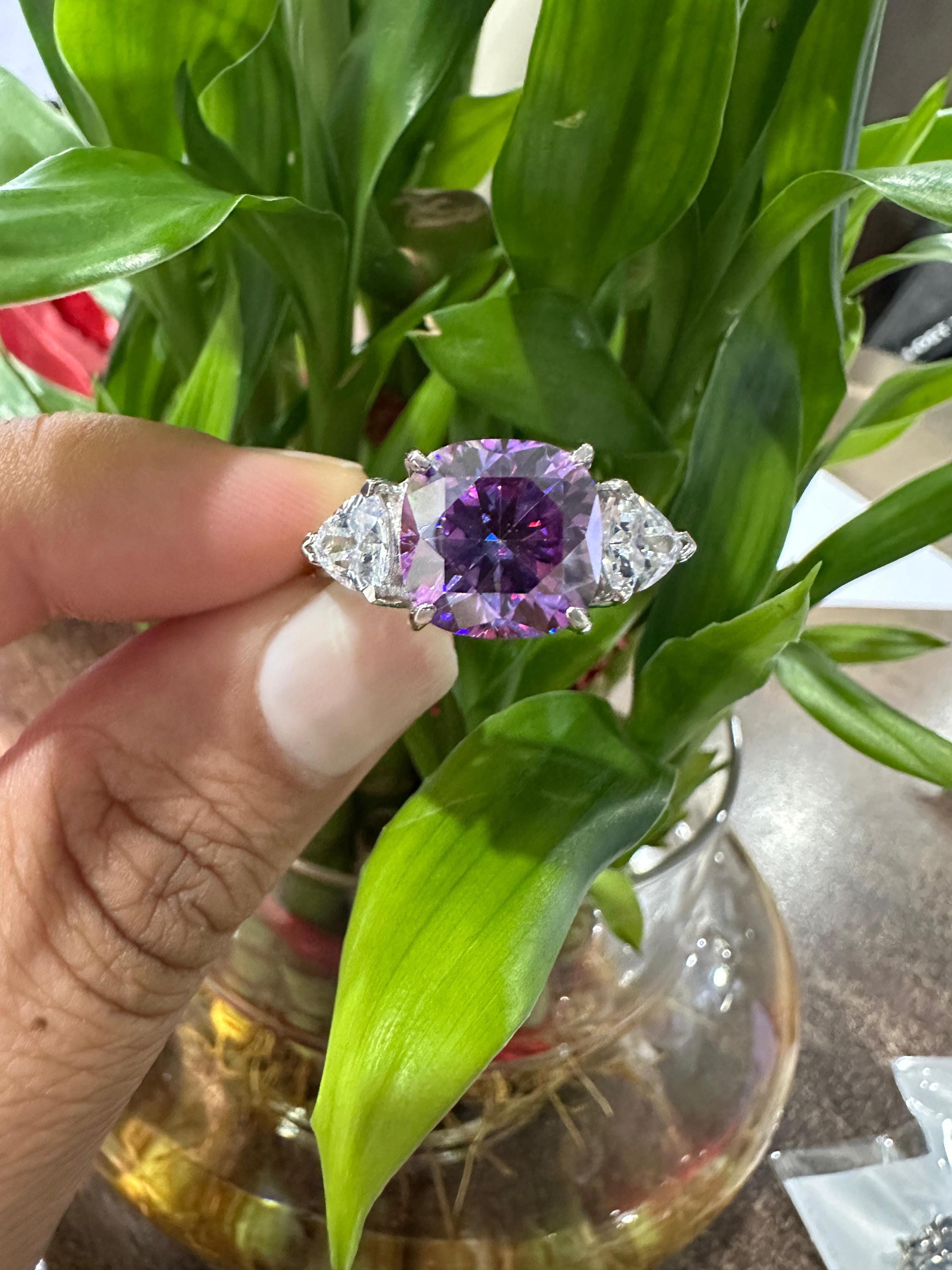 14k Gold Purple Moissanite Engagement Ring | 7 Ct Cushion Cut Statement Wedding Ring
