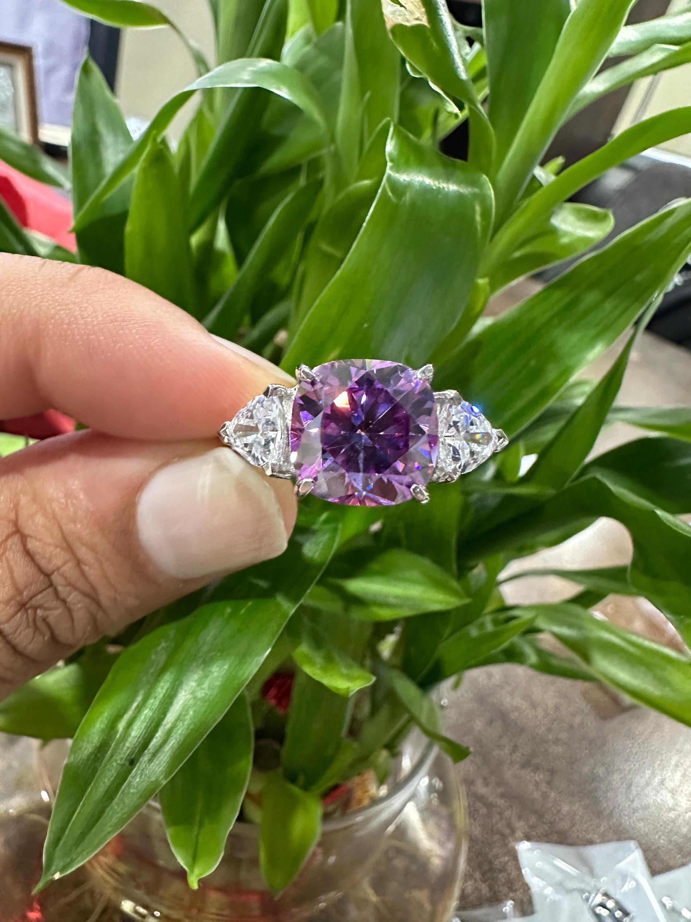 14k Gold Purple Moissanite Engagement Ring | 7 Ct Cushion Cut Statement Wedding Ring