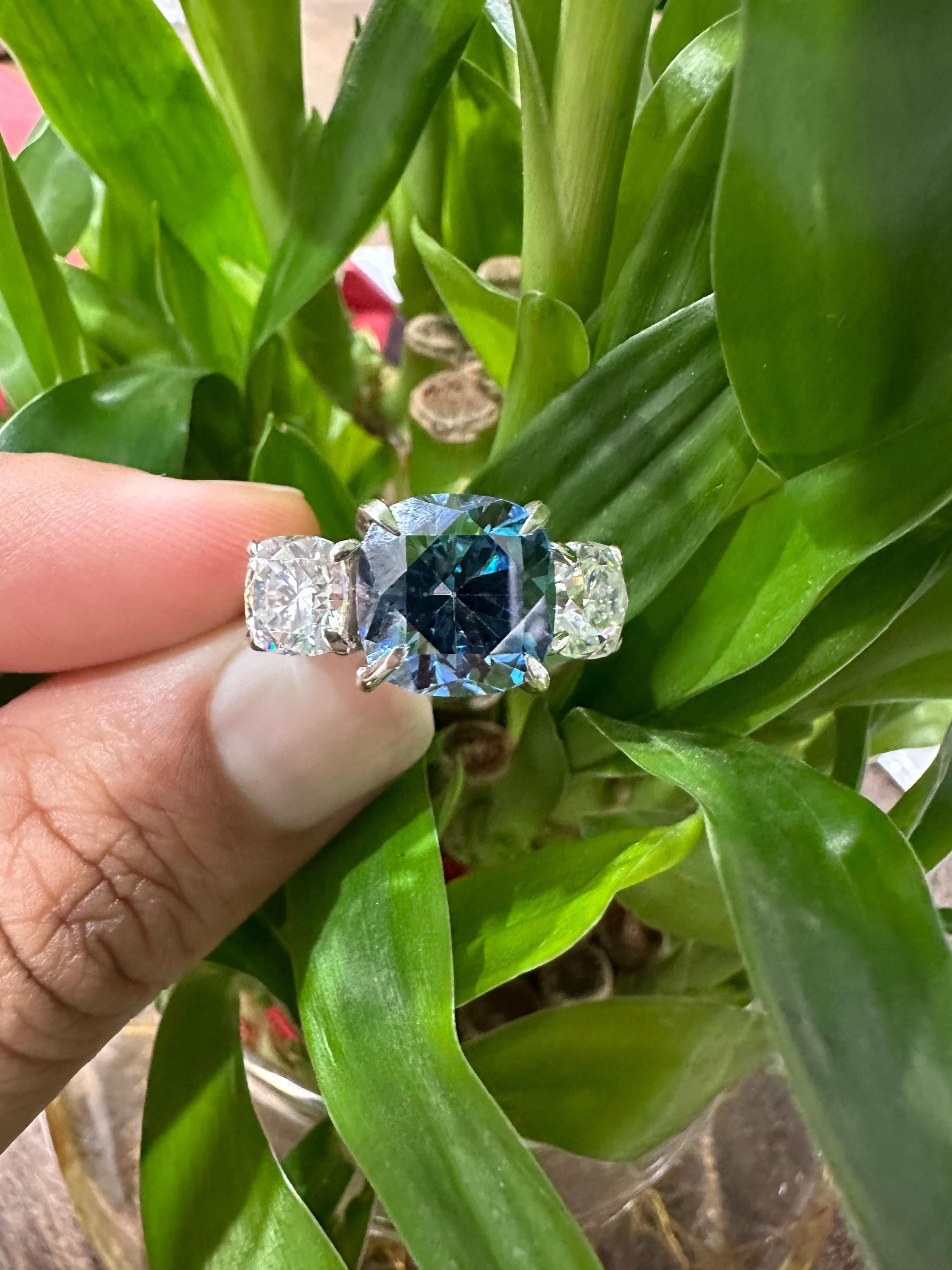 10 Ct Blue Cushion Moissanite Three-Stone Engagement Ring | 14k Gold | Modern Wedding Ring