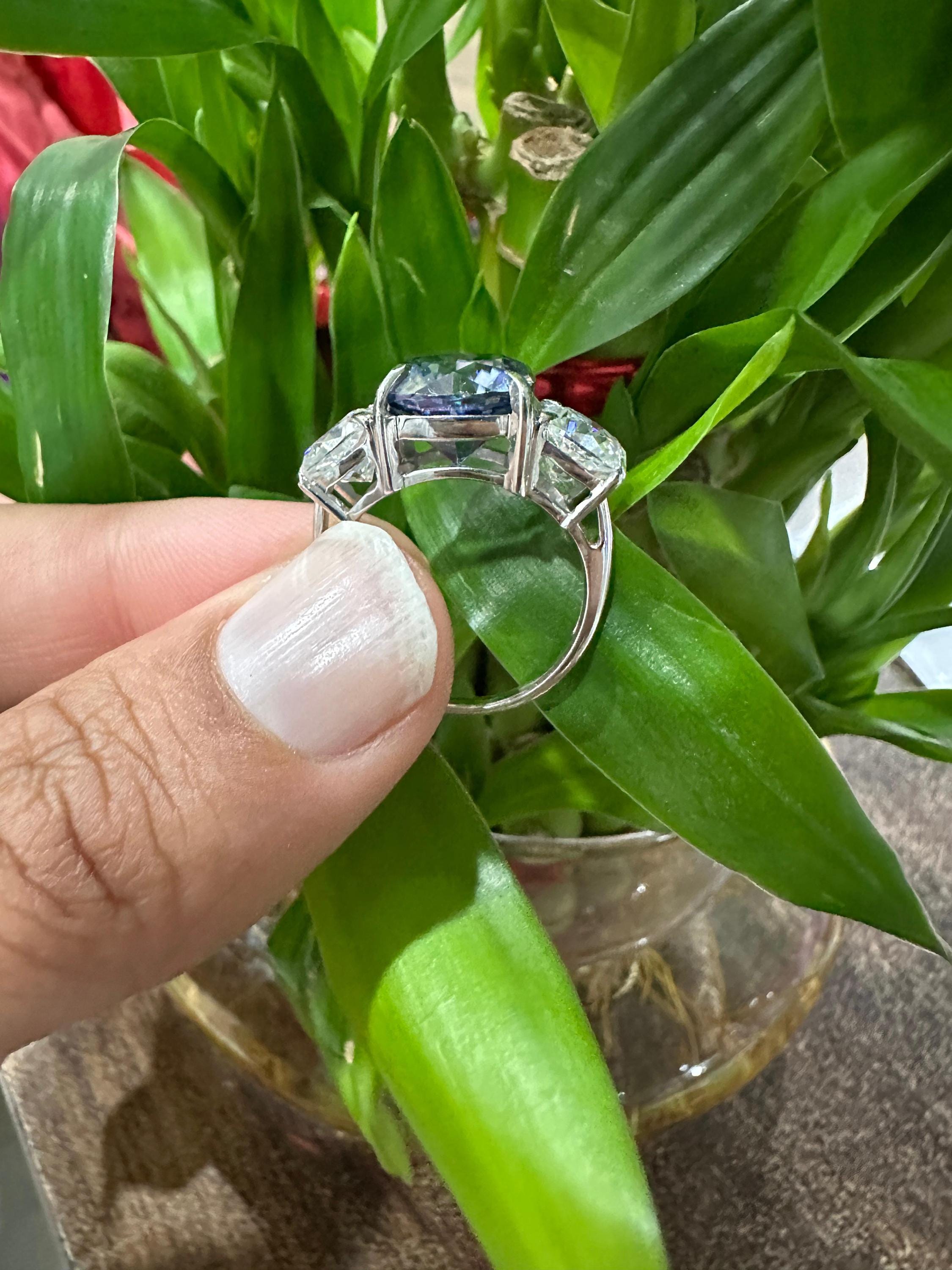 Blue Cushion Cut Moissanite Engagement Ring | 14K White Gold Three Stone Proposal Ring
