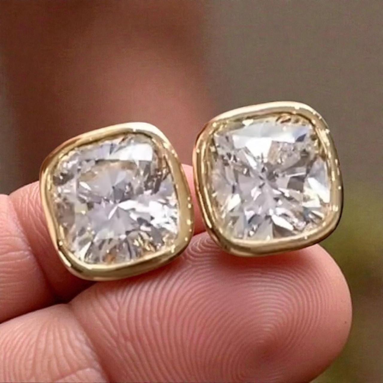 14k Gold Cushion Moissanite Stud Earrings | Bezel Set, Birthday Gift for her