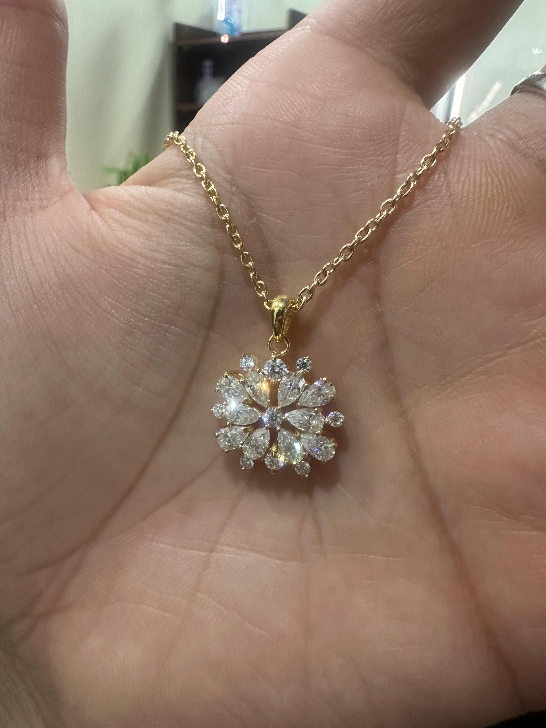 Snowflake Moissanite Pendant Necklace | Gold Vermeil over 925 Sterling Silver | Bridesmaid Gift
