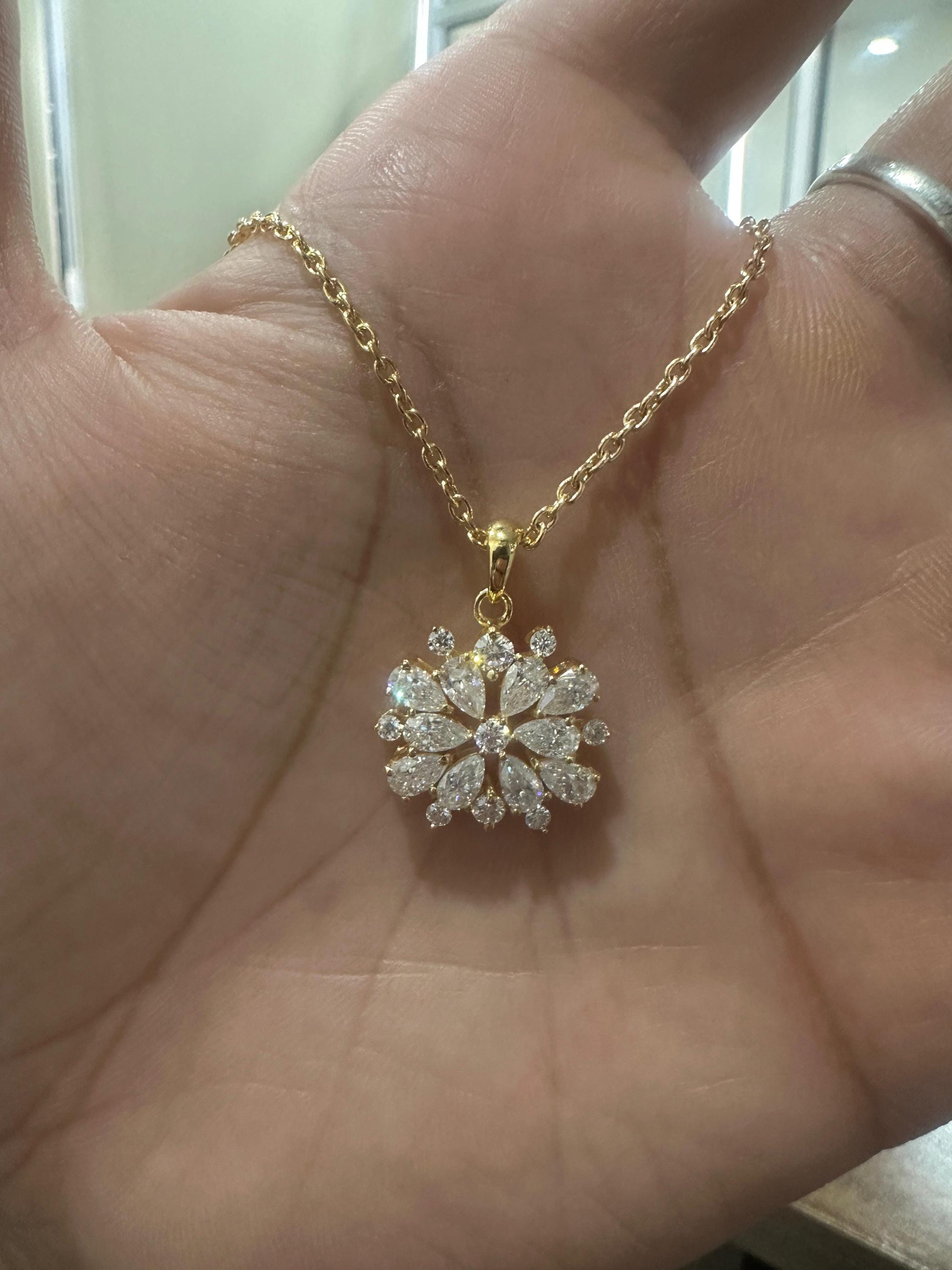Snowflake Moissanite Pendant Necklace | Gold Vermeil over 925 Sterling Silver | Bridesmaid Gift