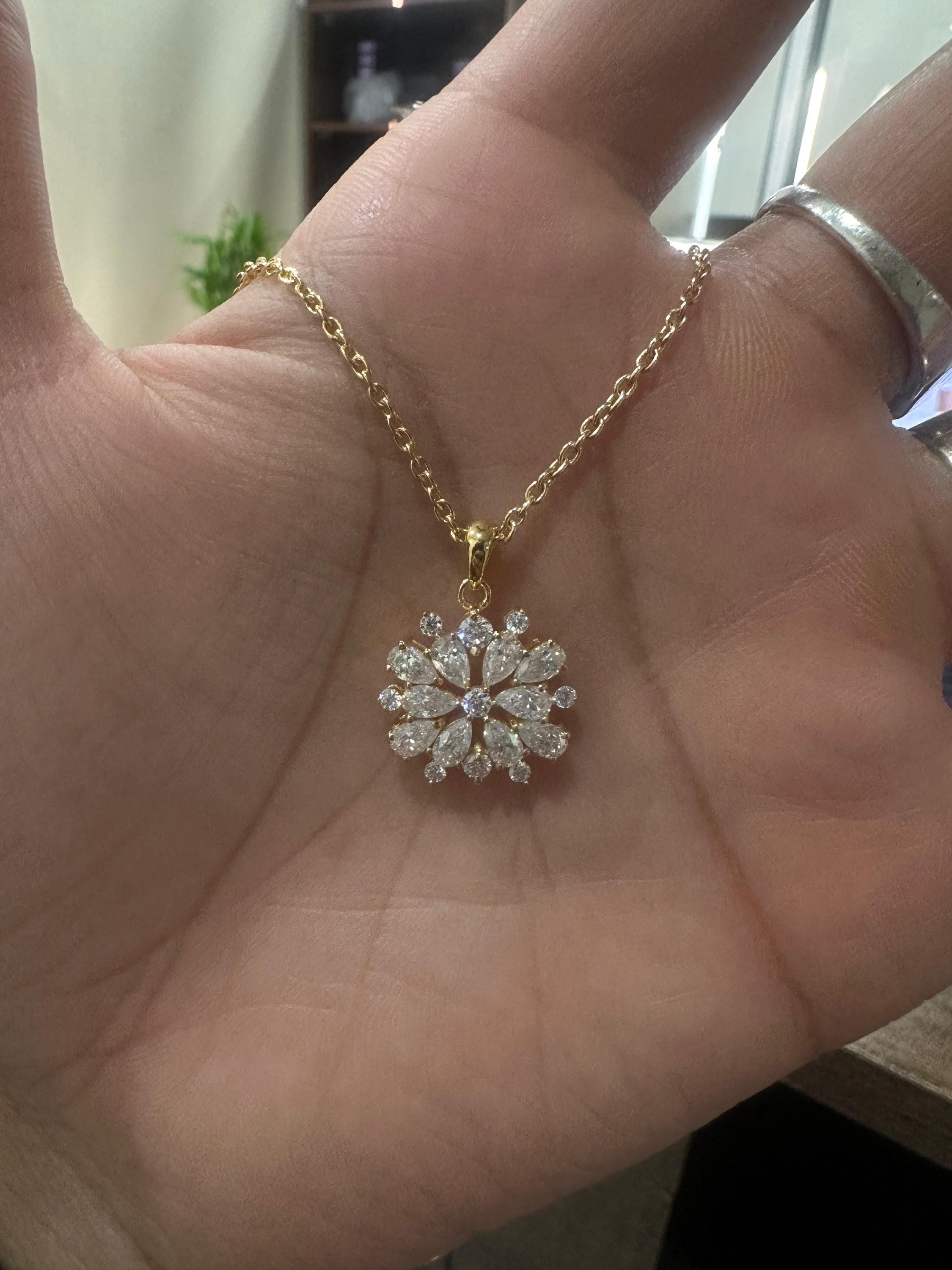 Snowflake Moissanite Pendant Necklace | Gold Vermeil over 925 Sterling Silver | Bridesmaid Gift