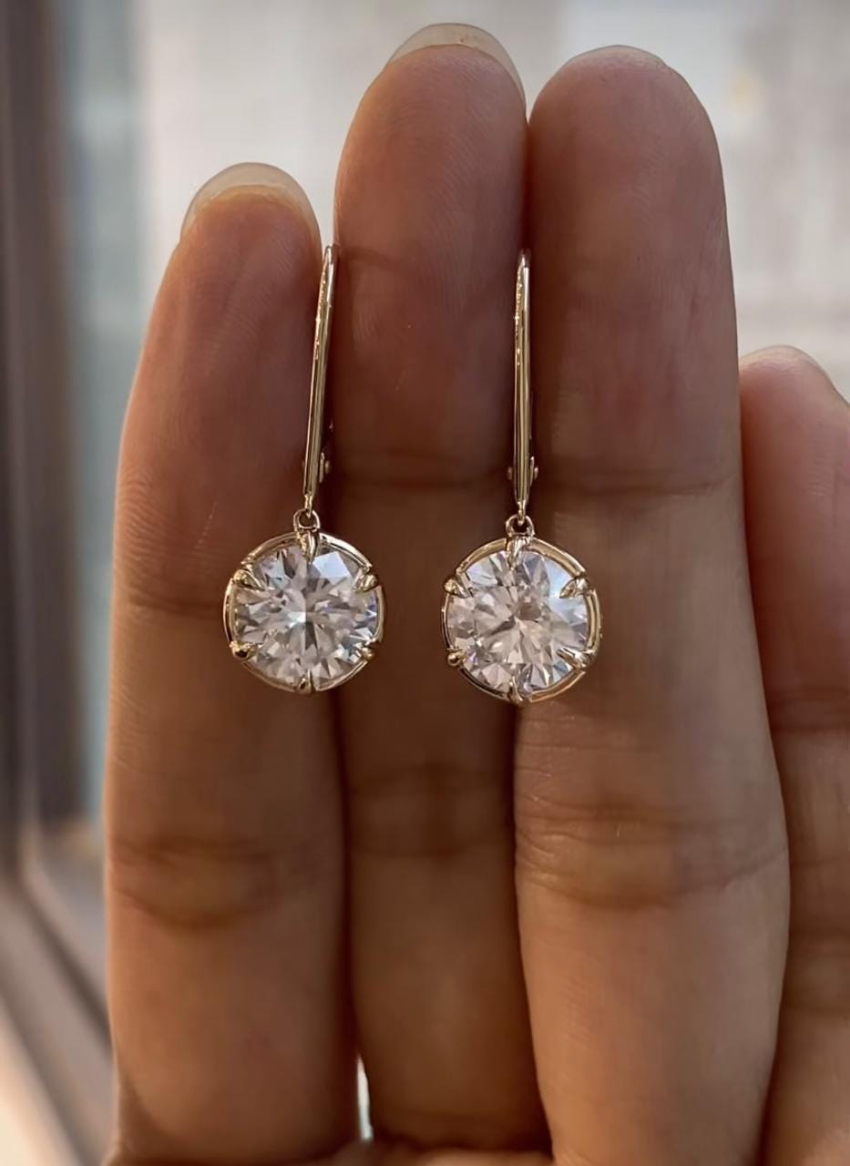 14k Gold Moissanite Drop Earrings | Round Brilliant Cut 2 Ct Dangle Jewelry