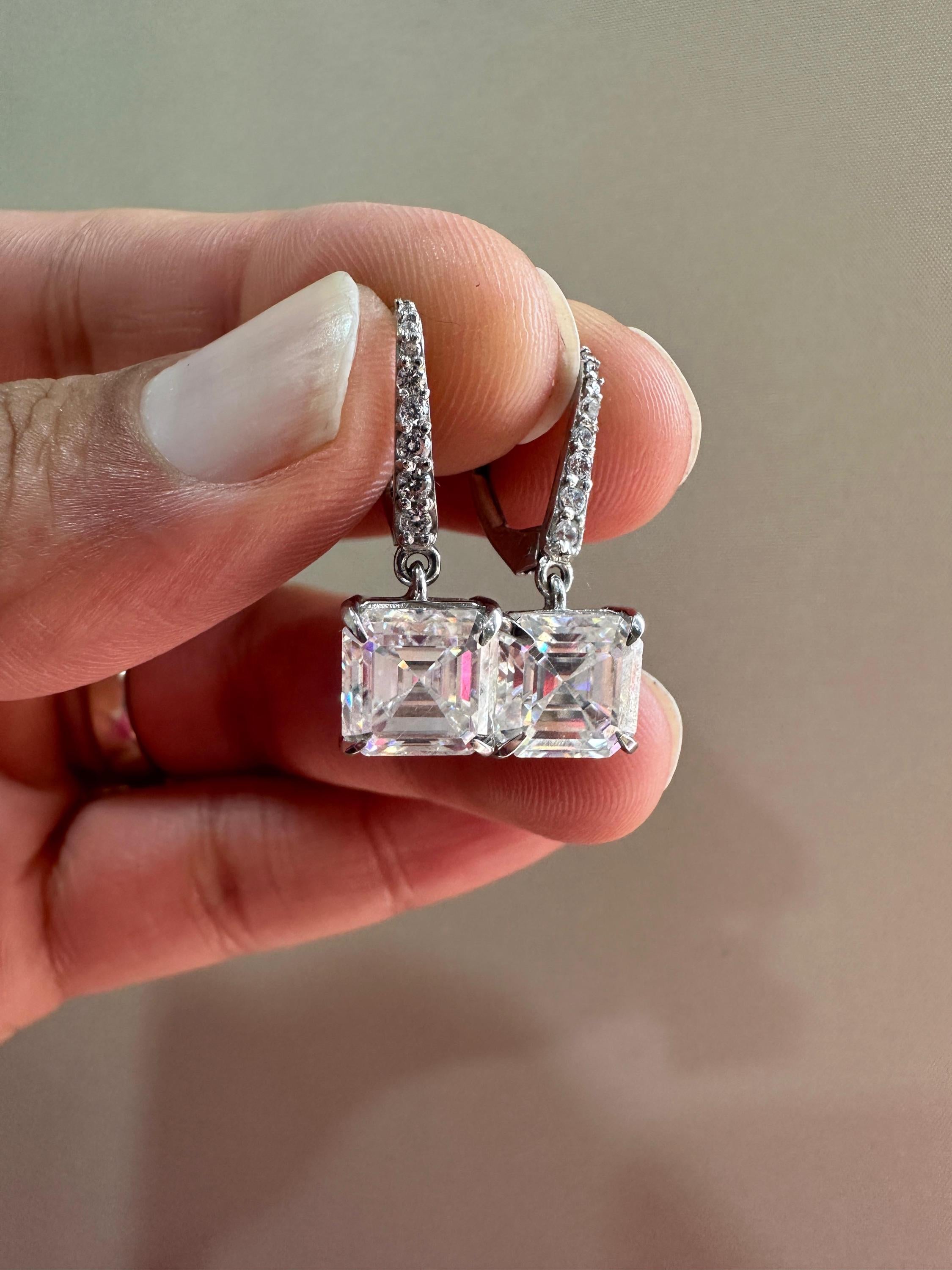 14k White Gold Asscher Moissanite Dangle Drop Earrings | Luxury Diamond Look Earrings