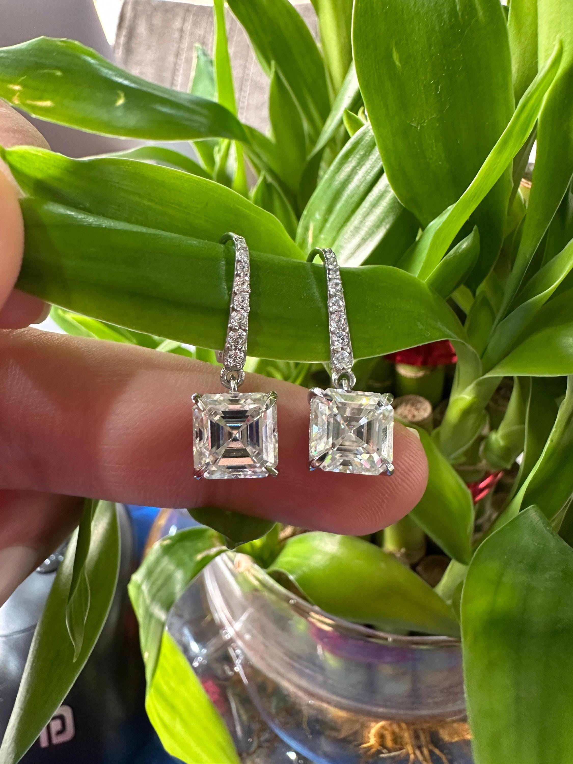 14k White Gold Asscher Moissanite Dangle Drop Earrings | Luxury Diamond Look Earrings