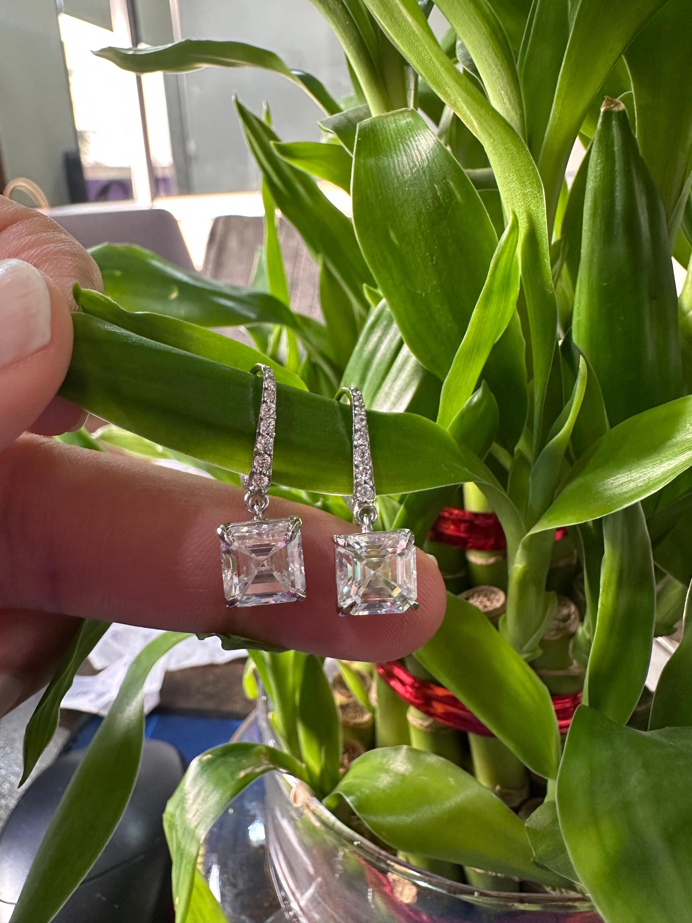 14k White Gold Asscher Moissanite Dangle Drop Earrings | Luxury Diamond Look Earrings