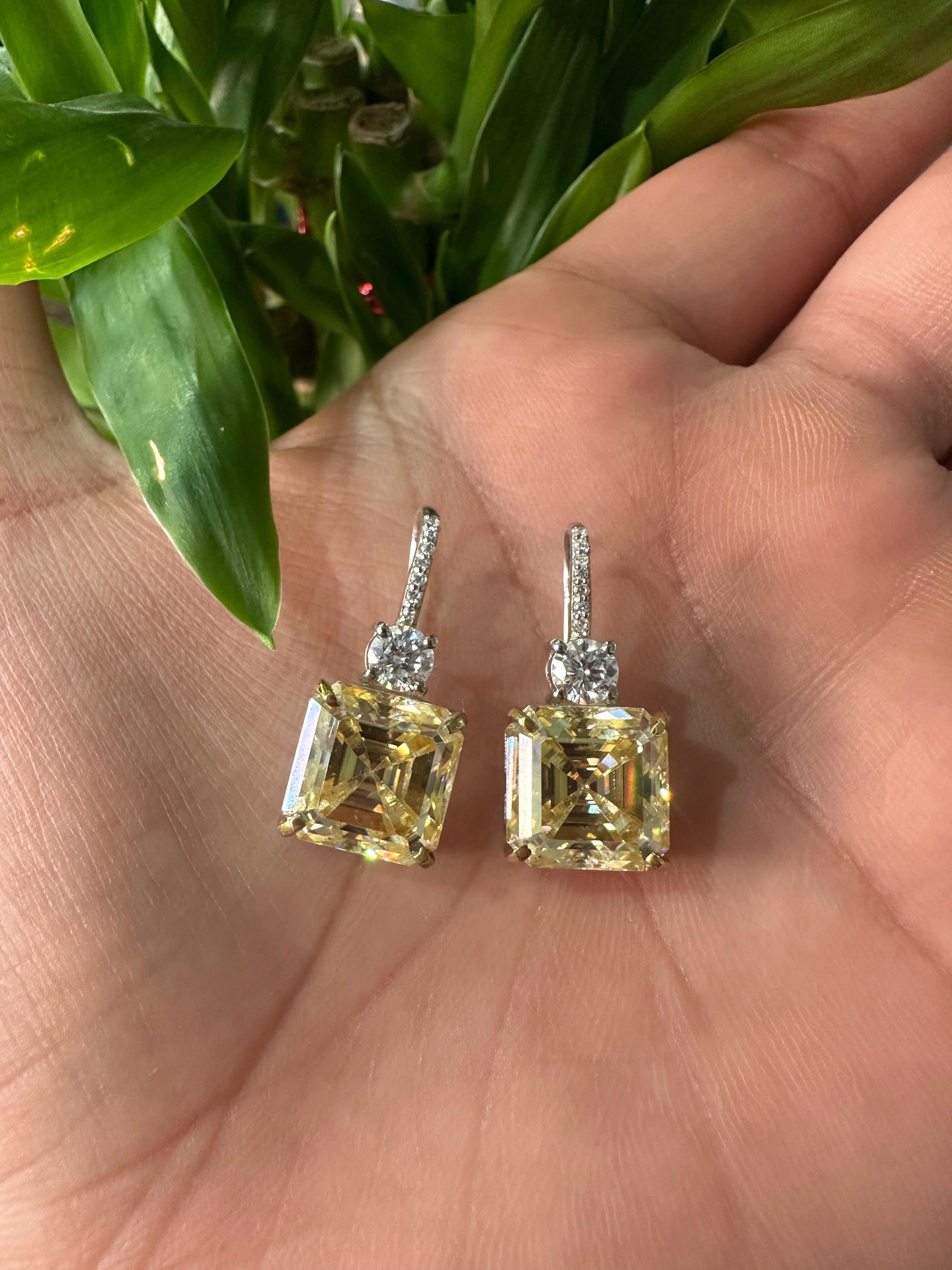 Yellow Moissanite Drop Earrings | Asscher Cut, Sterling Silver Earrings