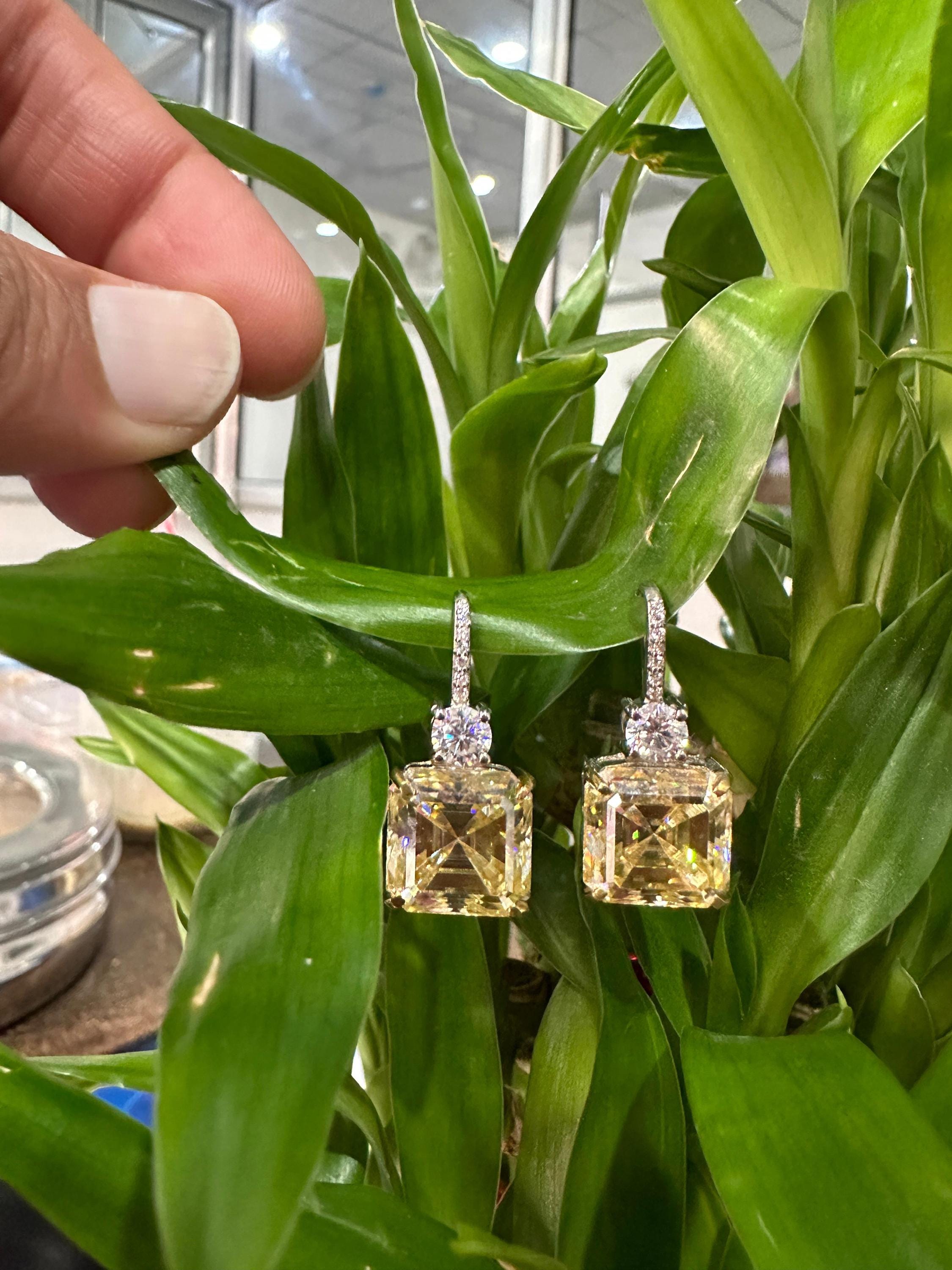 Yellow Moissanite Drop Earrings | Asscher Cut, Sterling Silver Earrings