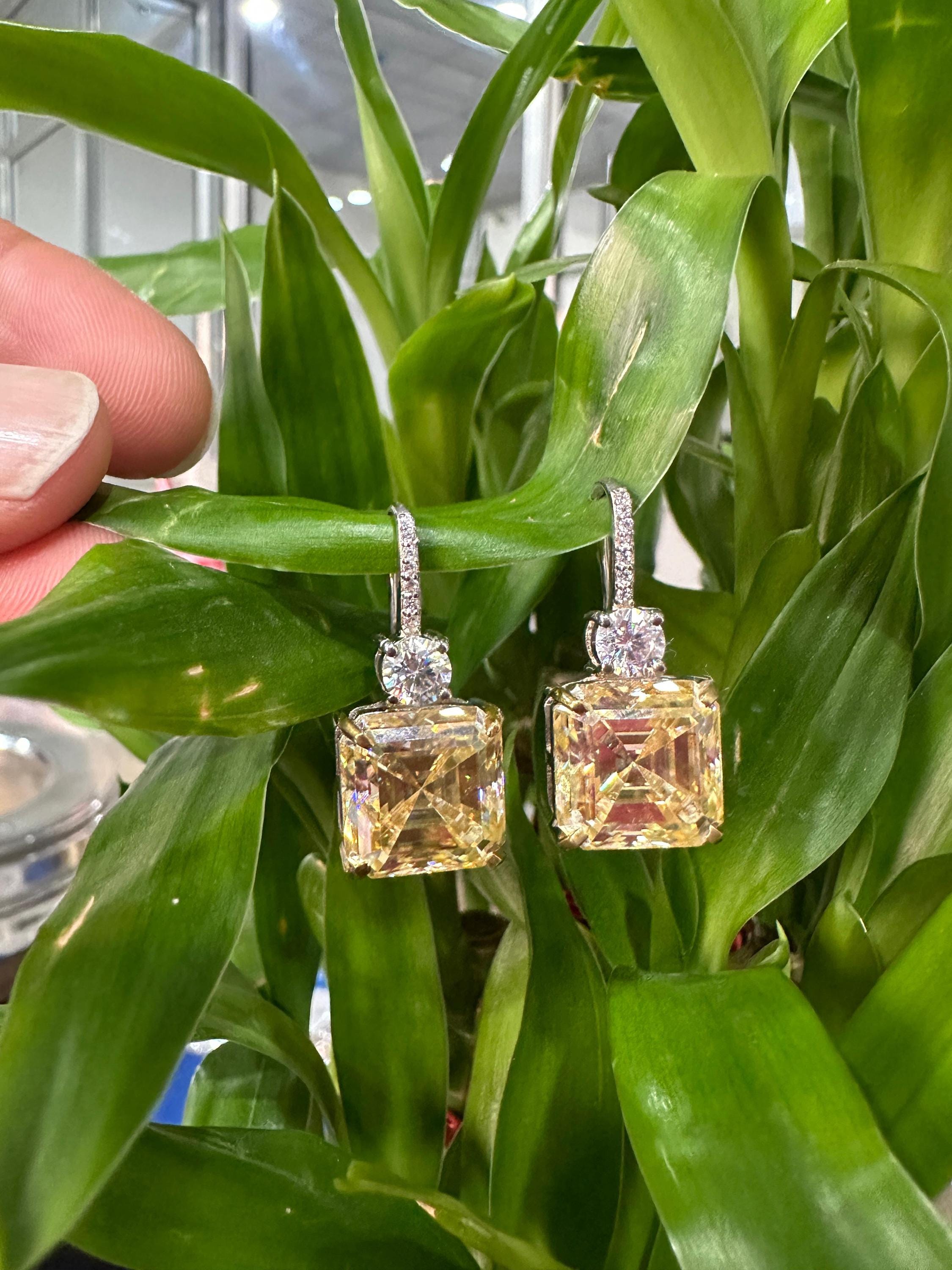 Yellow Moissanite Drop Earrings | Asscher Cut, Sterling Silver Earrings