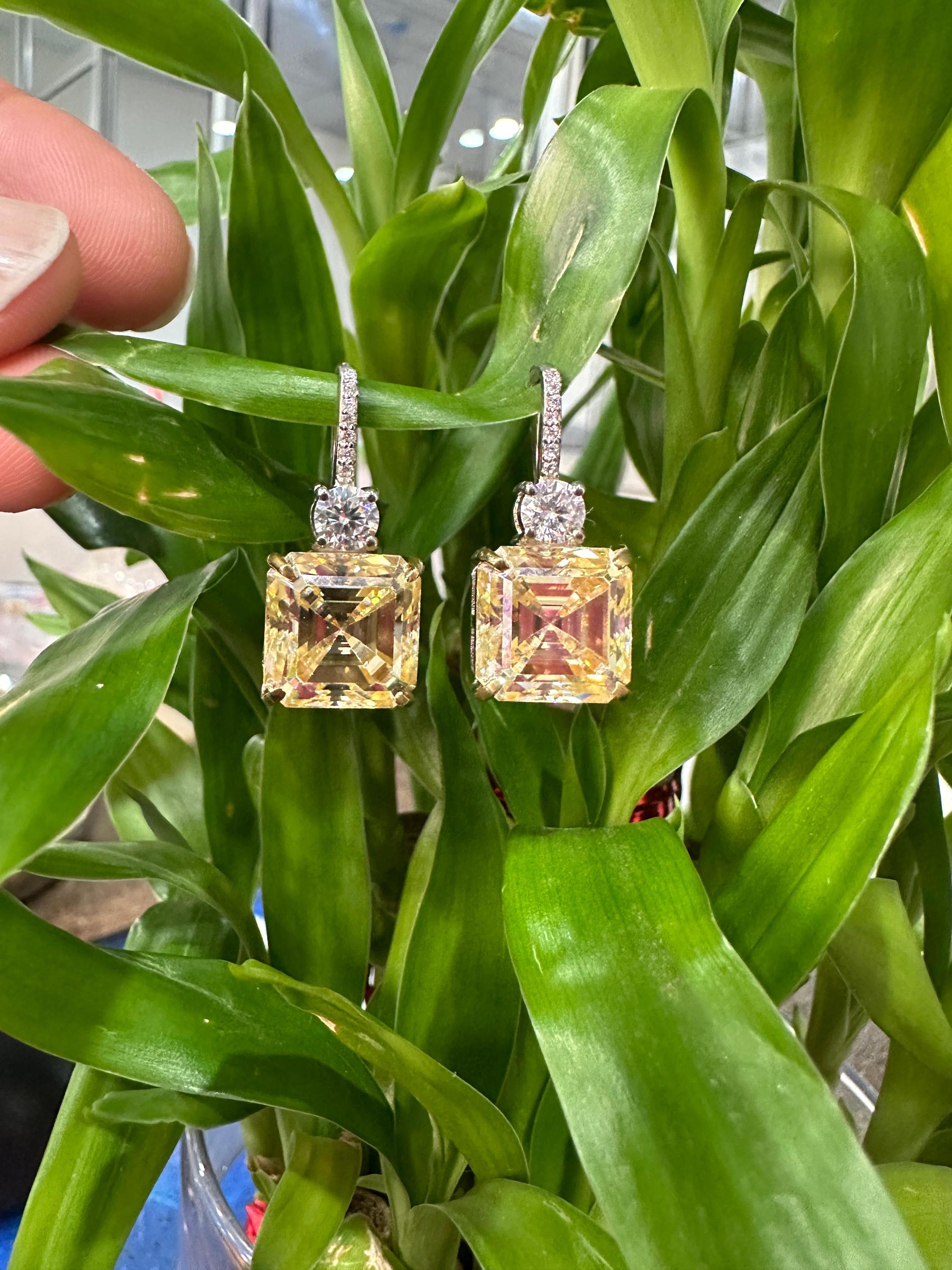 Yellow Moissanite Drop Earrings | Asscher Cut, Sterling Silver Earrings