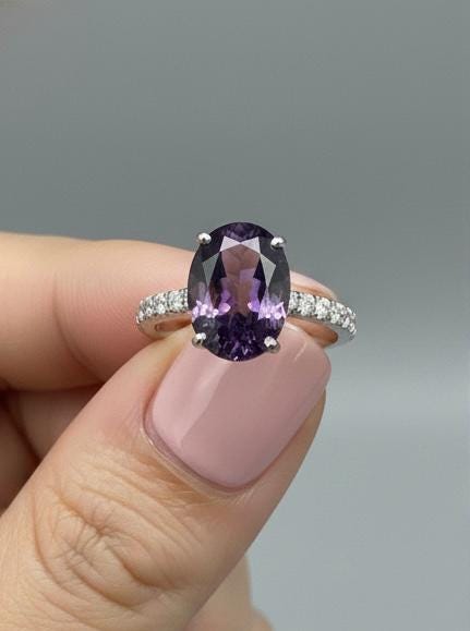 Oval Amethyst Pavé Engagement Ring • 14k White Gold, Modern Promise Ring