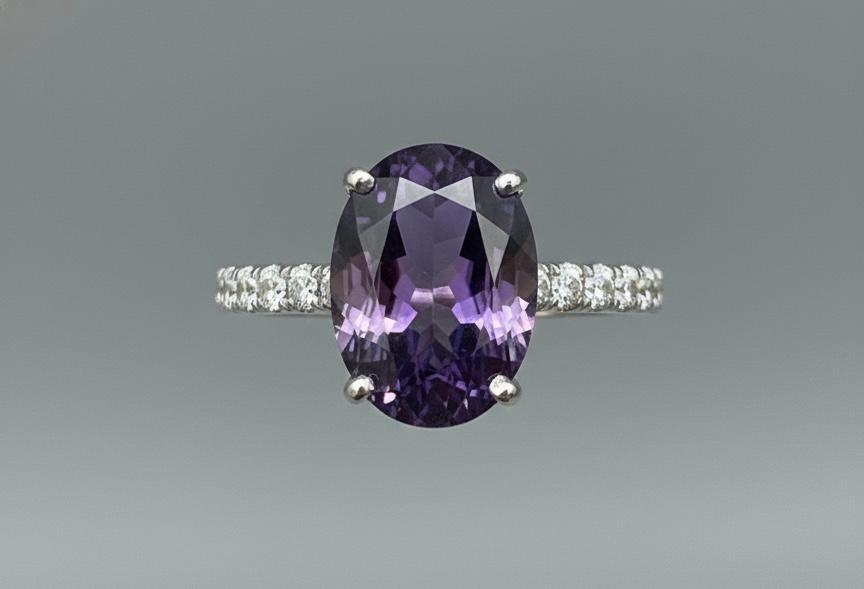 Oval Amethyst Pavé Engagement Ring • 14k White Gold, Modern Promise Ring