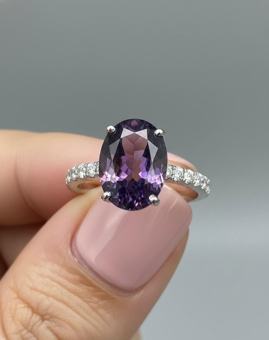 Oval Amethyst Pavé Engagement Ring • 14k White Gold, Modern Promise Ring