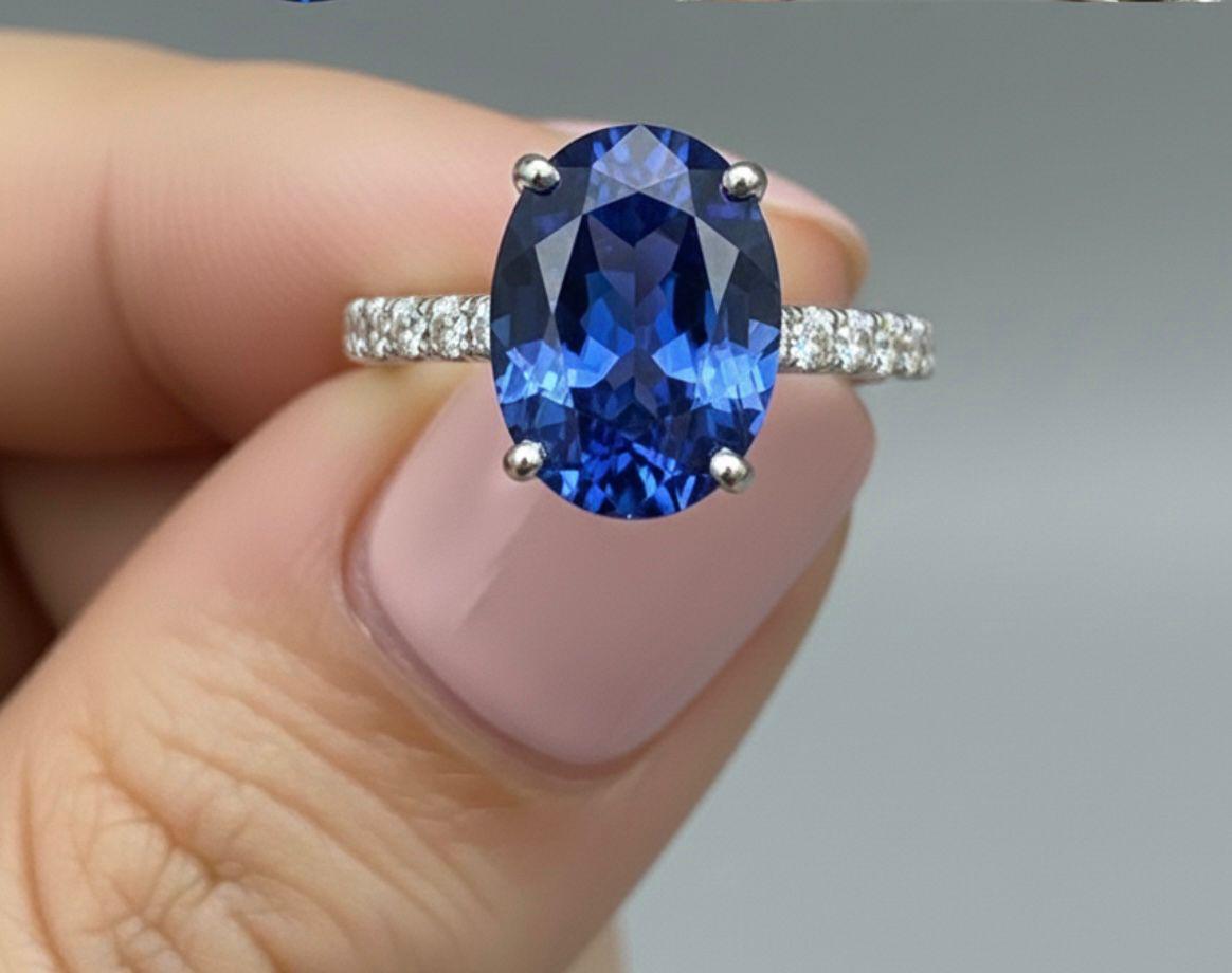 Oval Lab Sapphire Pavé Engagement Ring | 14k White Gold, 3 Ct Blue Promise Ring