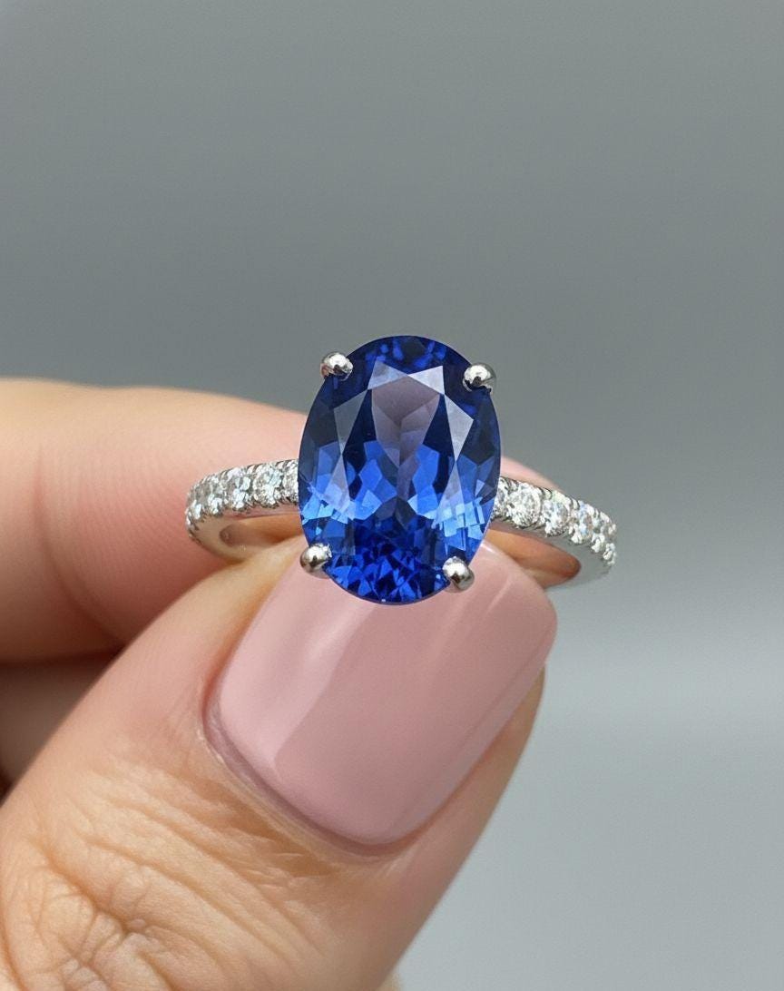 Oval Lab Sapphire Pavé Engagement Ring | 14k White Gold, 3 Ct Blue Promise Ring