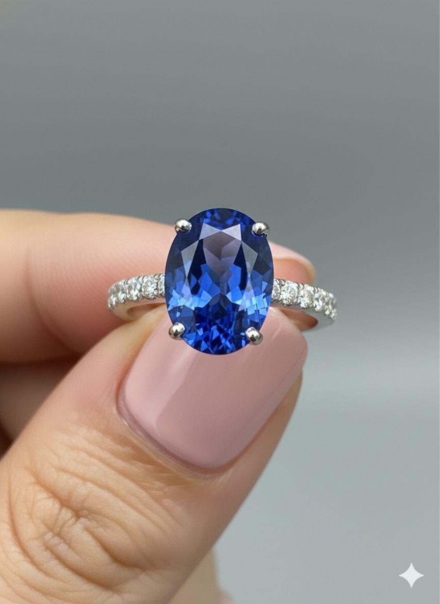 Oval Lab Sapphire Pavé Engagement Ring | 14k White Gold, 3 Ct Blue Promise Ring