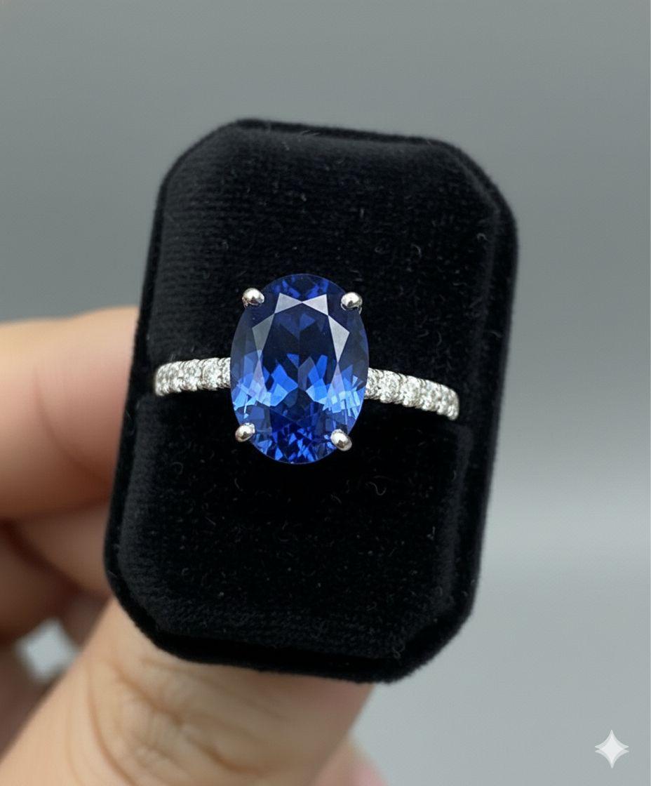 Oval Lab Sapphire Pavé Engagement Ring | 14k White Gold, 3 Ct Blue Promise Ring