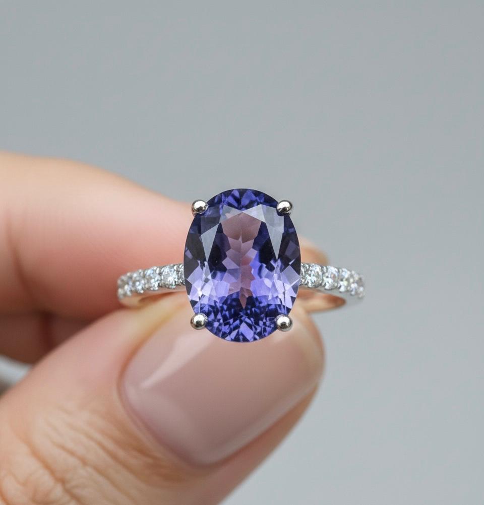 3CT Oval Tanzanite Engagement Ring, Solid 14k Gold, First Anniversary Gift for her