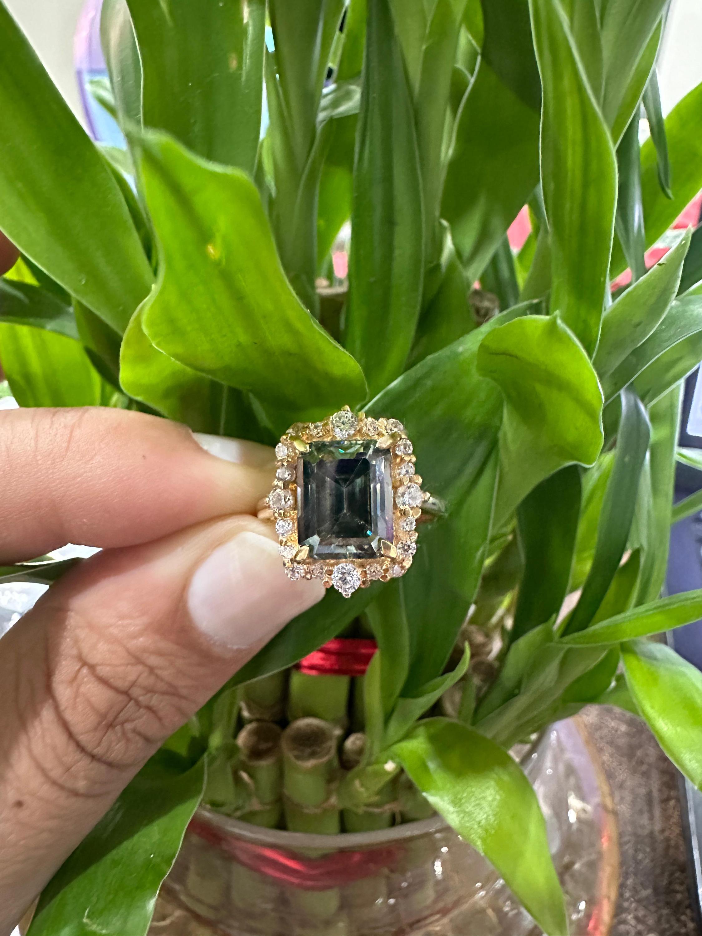 Color Changing Alexandrite Moissanite Engagement Ring | 4 Ct Emerald Cut Halo Gold Finish
