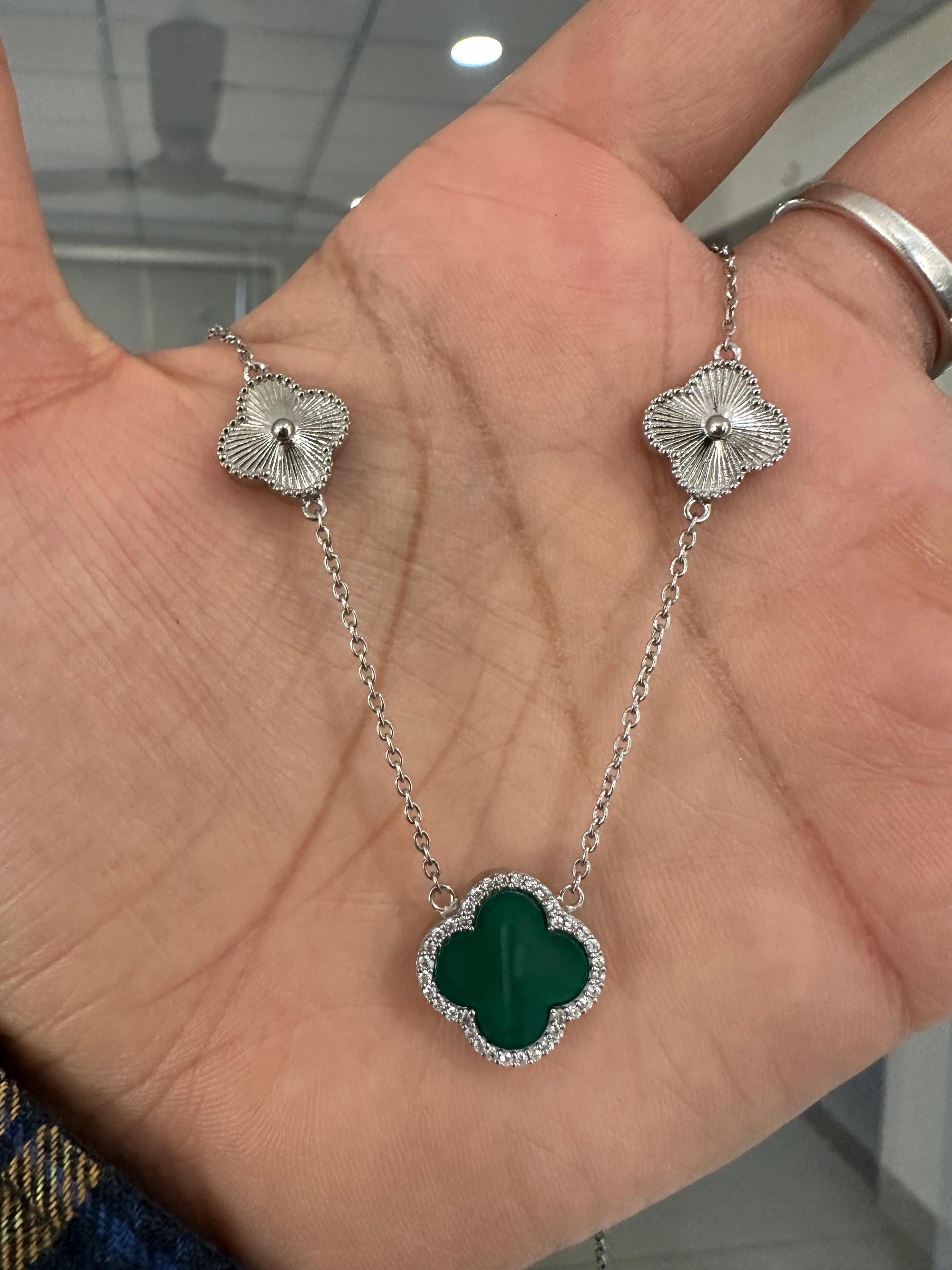 Green Clover Necklace for Women | 925 Sterling Silver | Four Leaf Lucky Charm Pendant | Minimalist Everyday Necklace