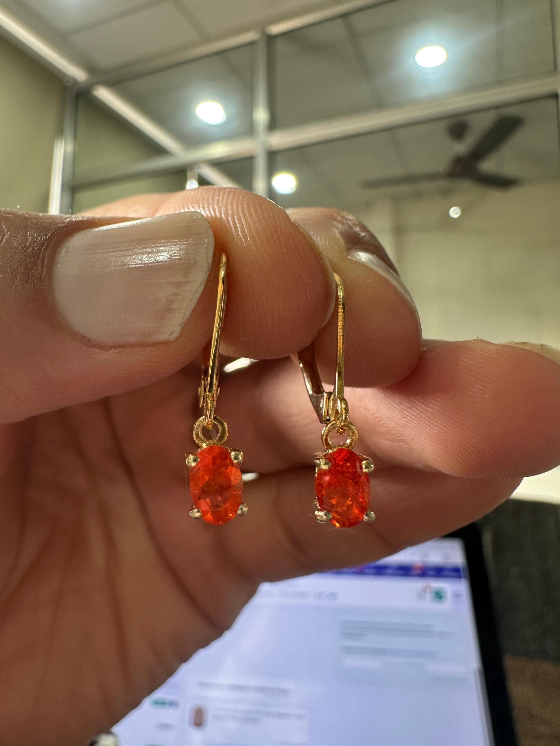 14K Gold Natural Fire Opal Drop Earrings, October Birthstone Lever Back Jewelry