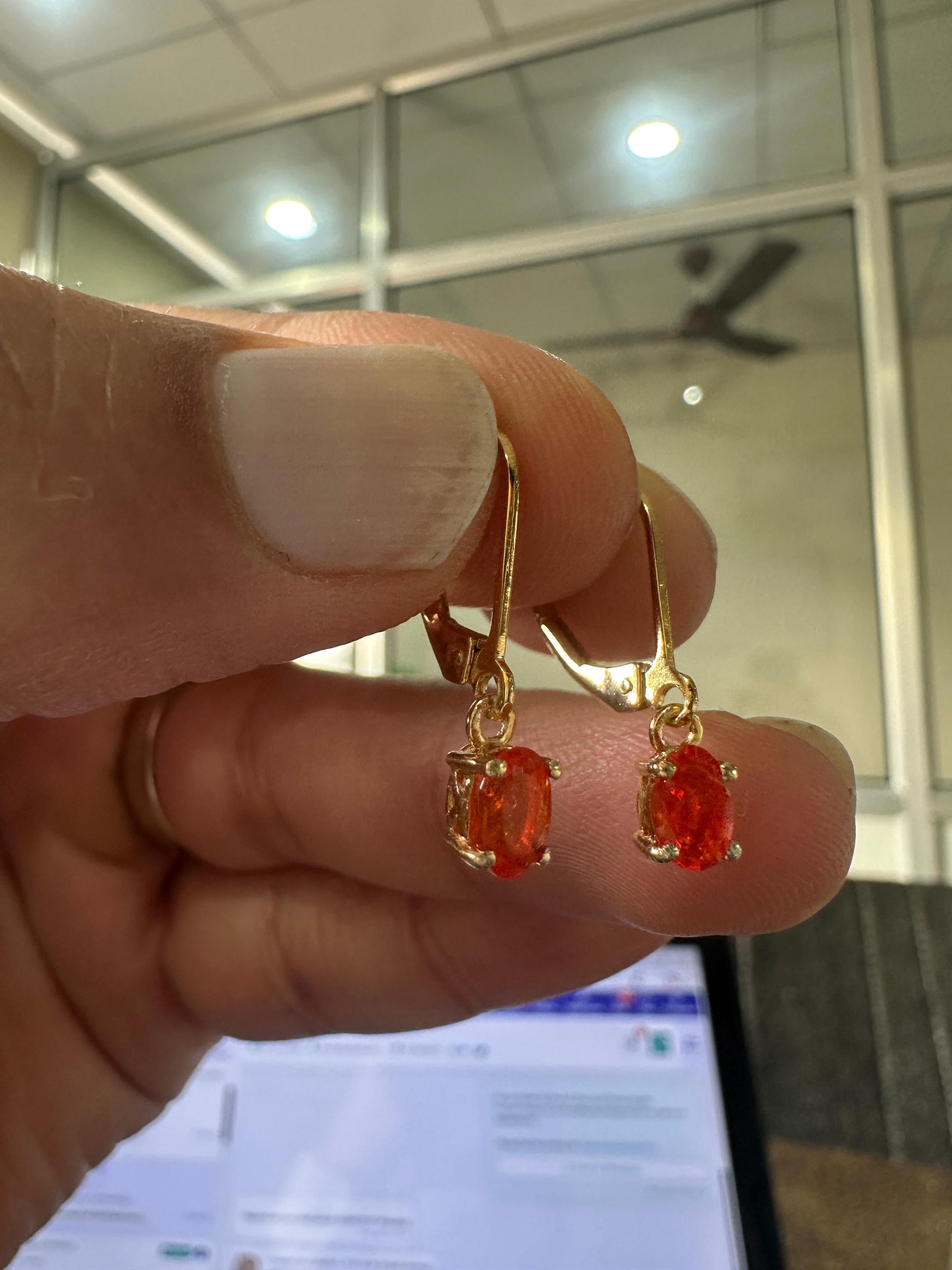 14K Gold Natural Fire Opal Drop Earrings, October Birthstone Lever Back Jewelry