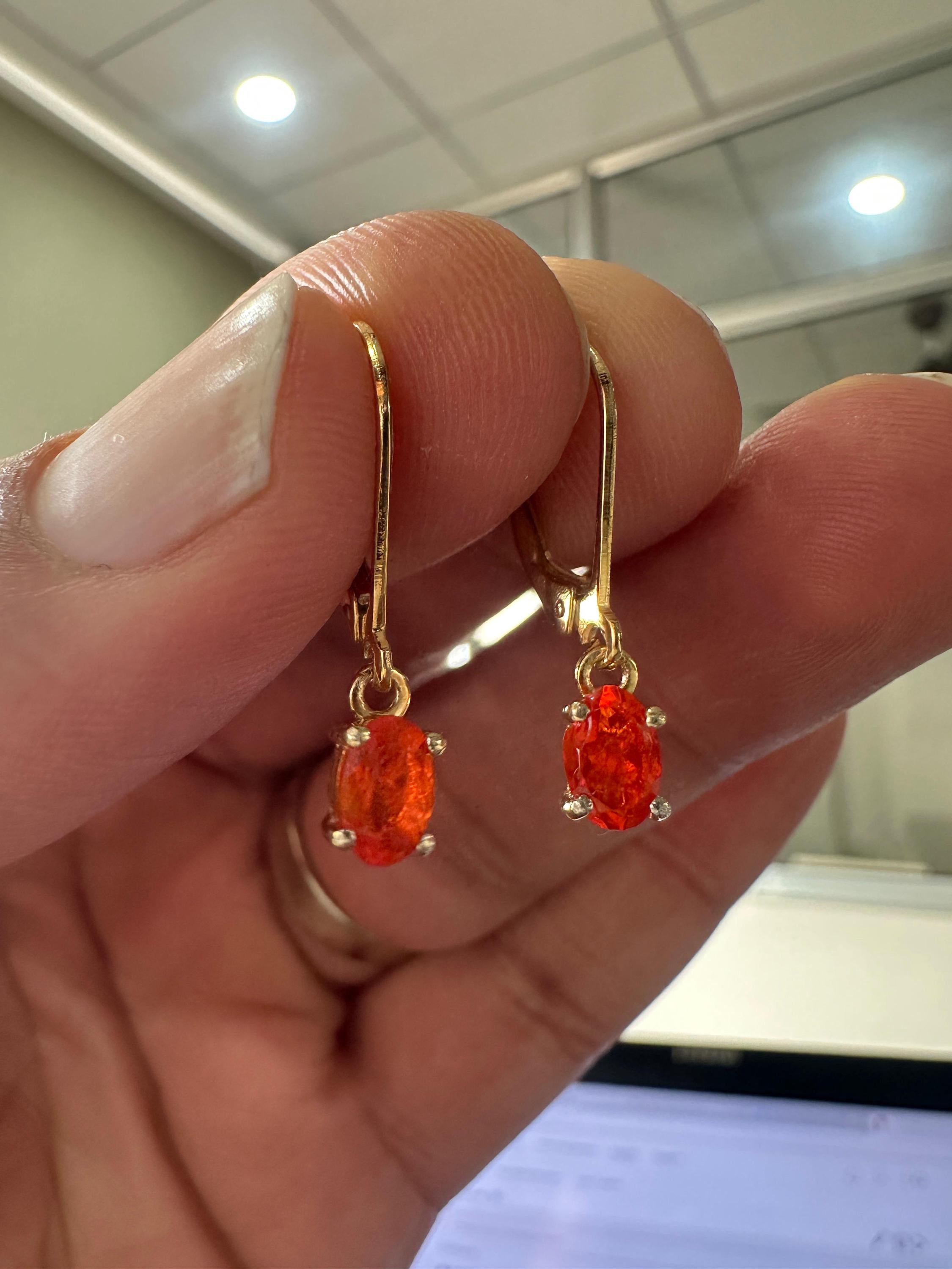 14K Gold Natural Fire Opal Drop Earrings, October Birthstone Lever Back Jewelry