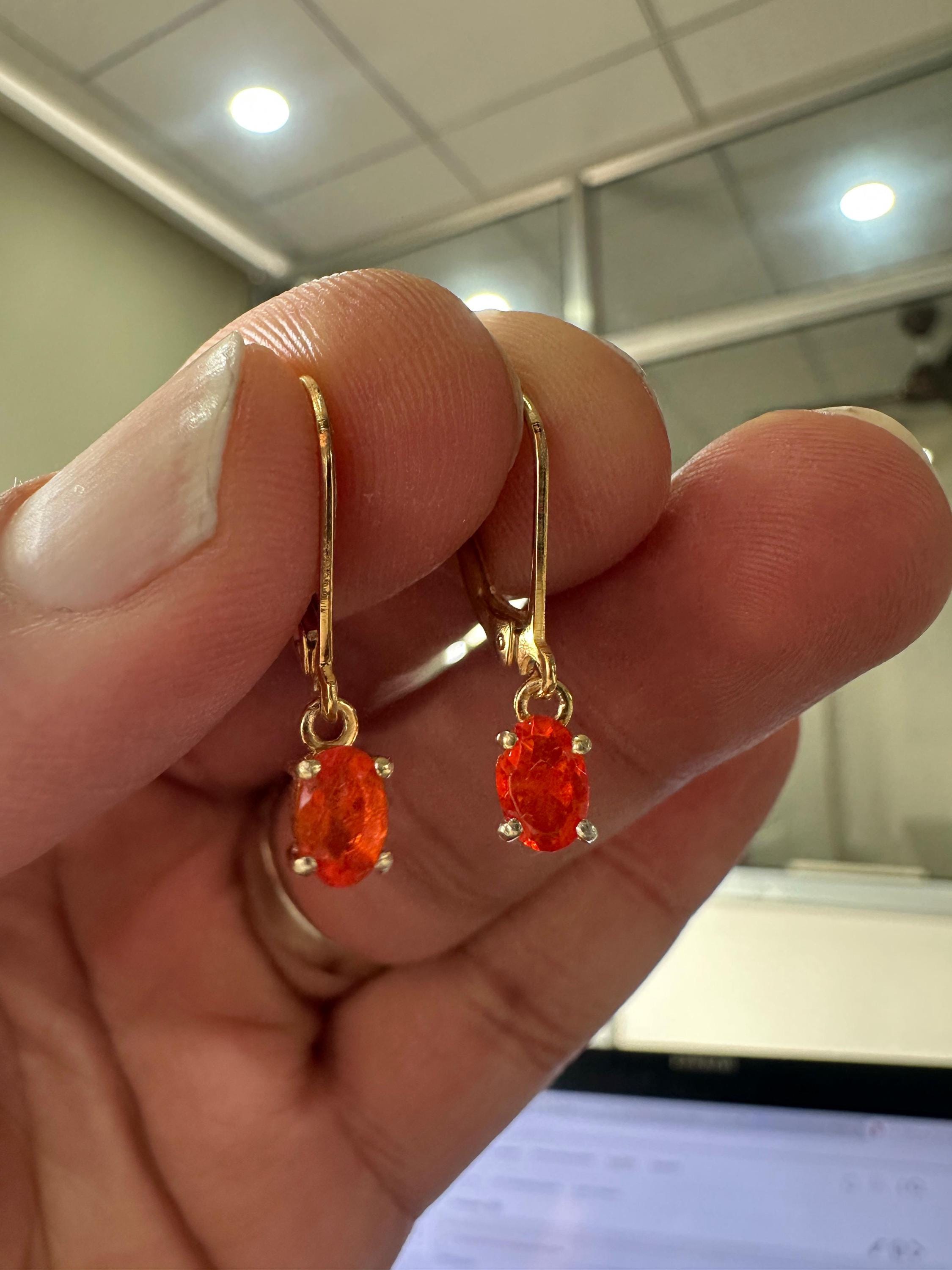 14K Gold Natural Fire Opal Drop Earrings, October Birthstone Lever Back Jewelry