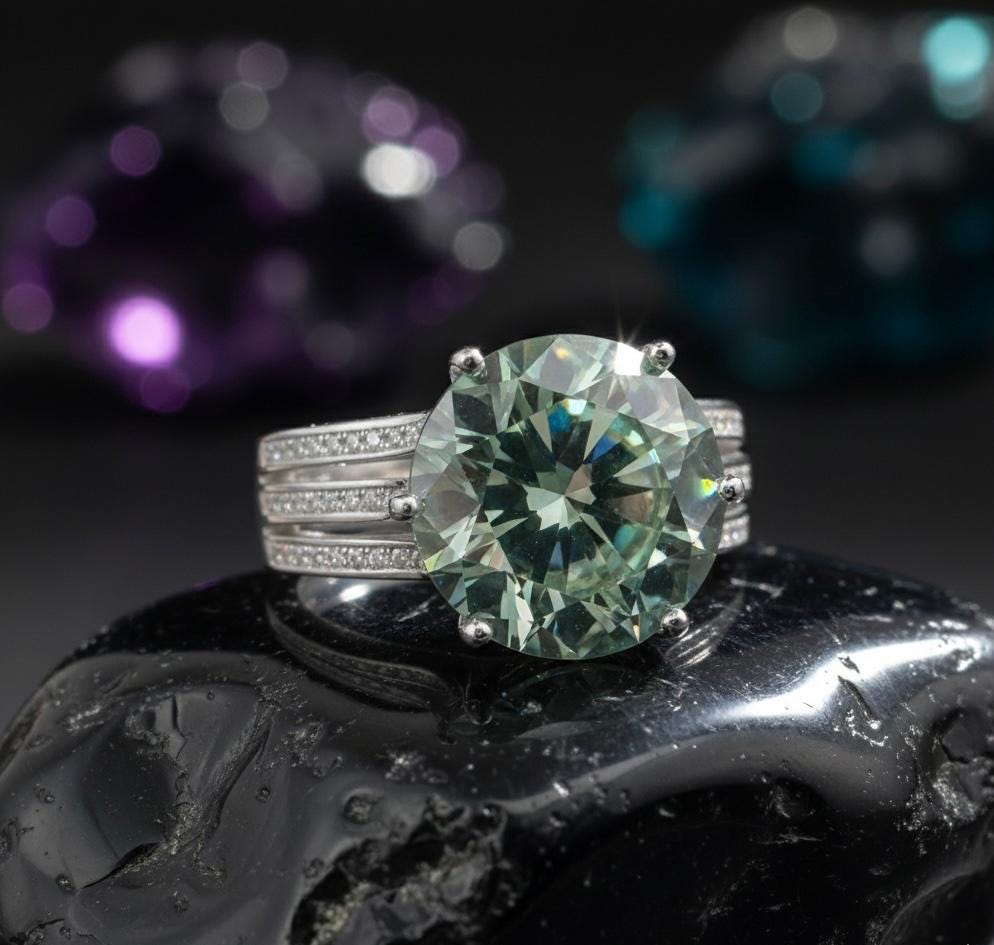 Green Moissanite Engagement Ring | 5 CT, Sterling Silver, Split Shank Finish