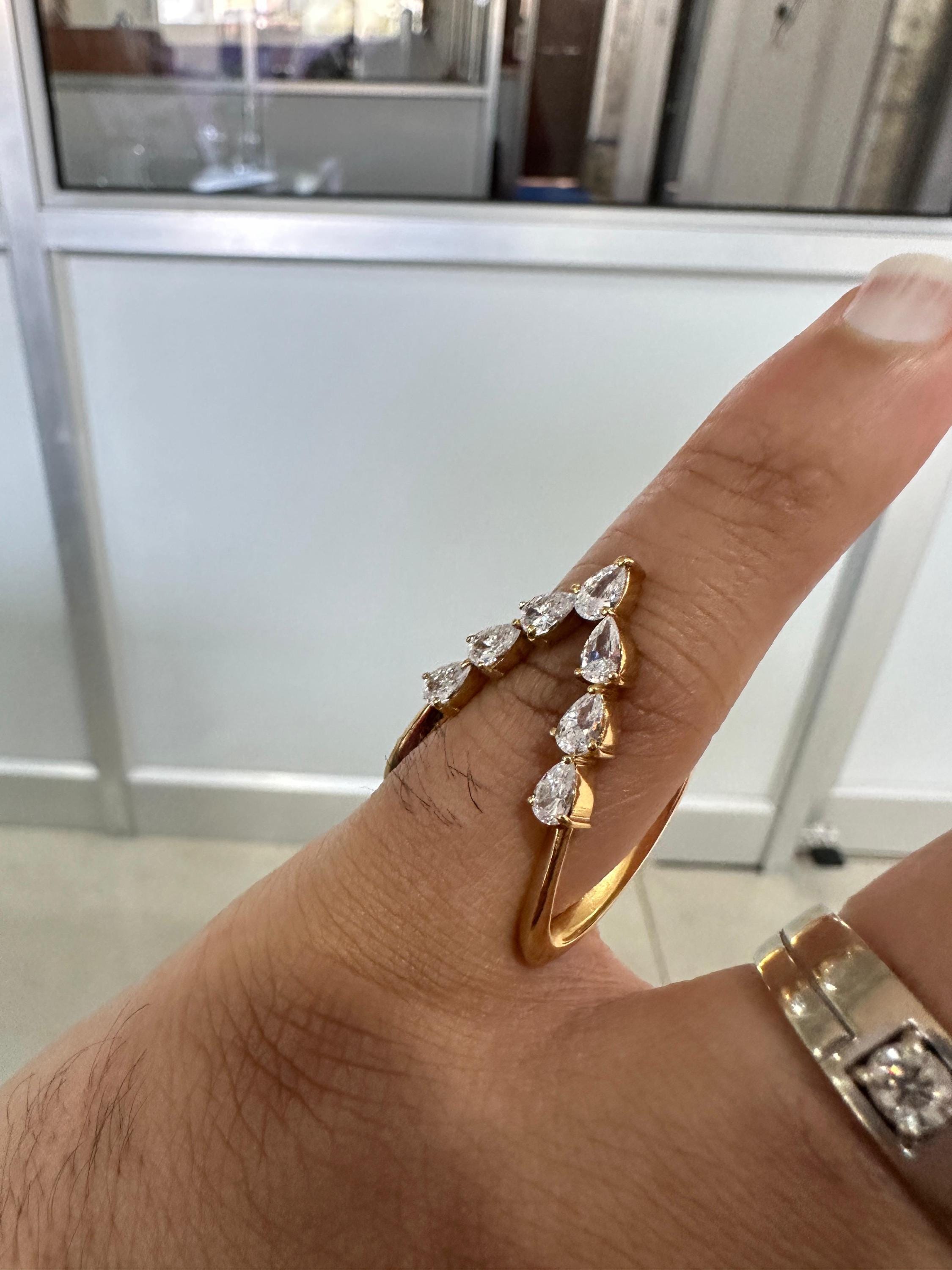 14K Gold Pear Moissanite Open Band Ring, Adjustable Statement Jewelry