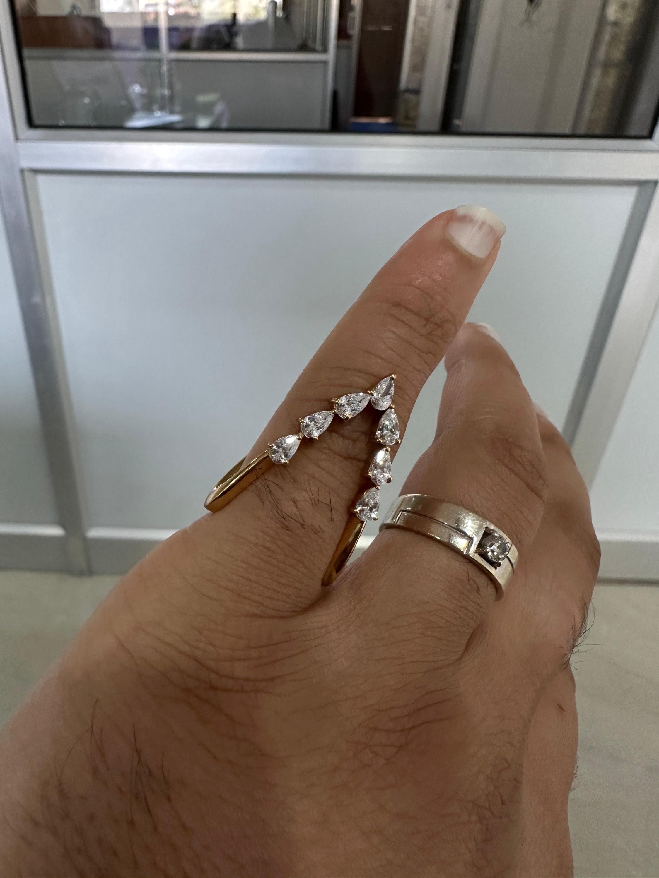 14K Gold Pear Moissanite Open Band Ring, Adjustable Statement Jewelry