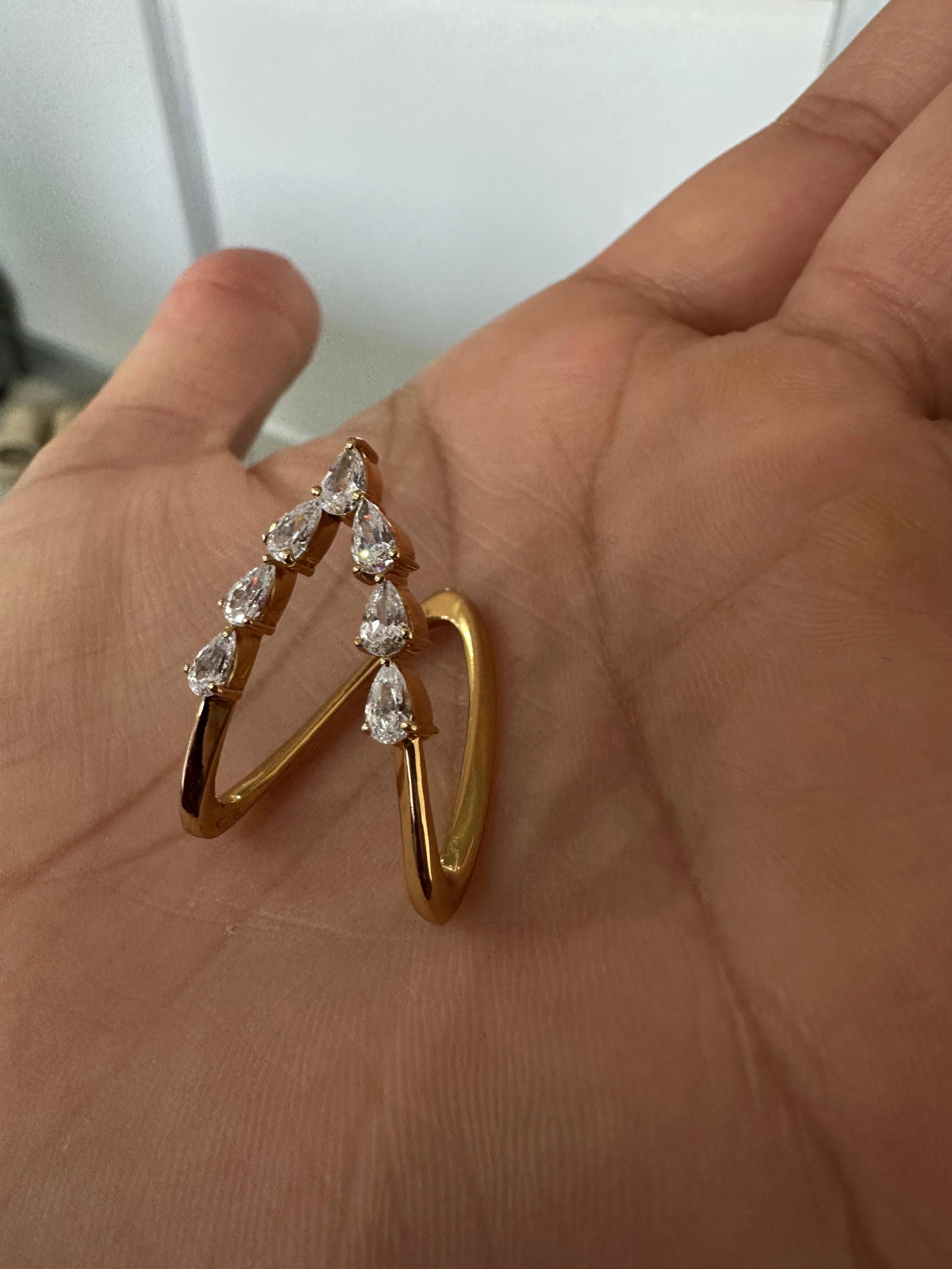 14K Gold Pear Moissanite Open Band Ring, Adjustable Statement Jewelry