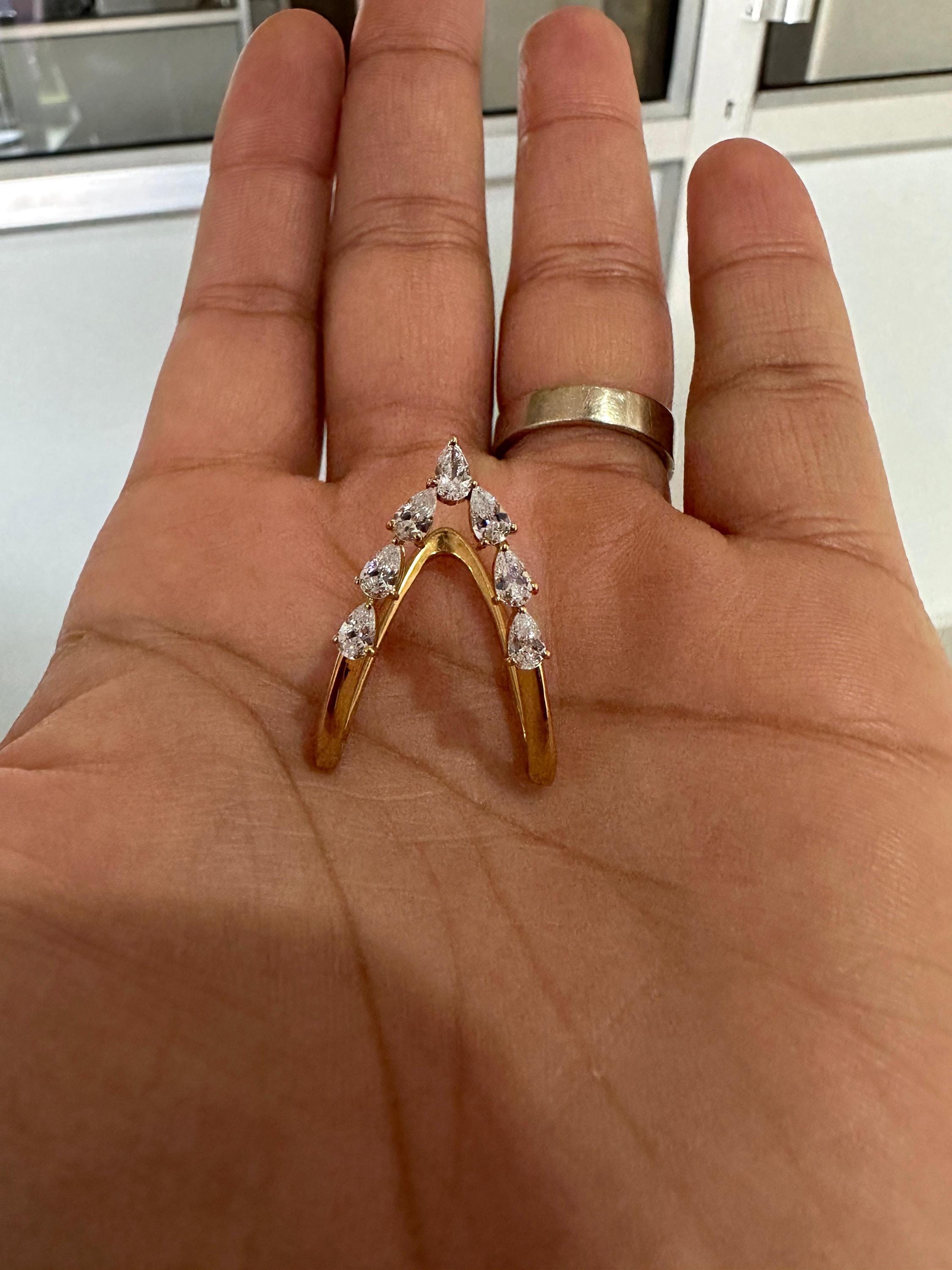 14K Gold Pear Moissanite Open Band Ring, Adjustable Statement Jewelry