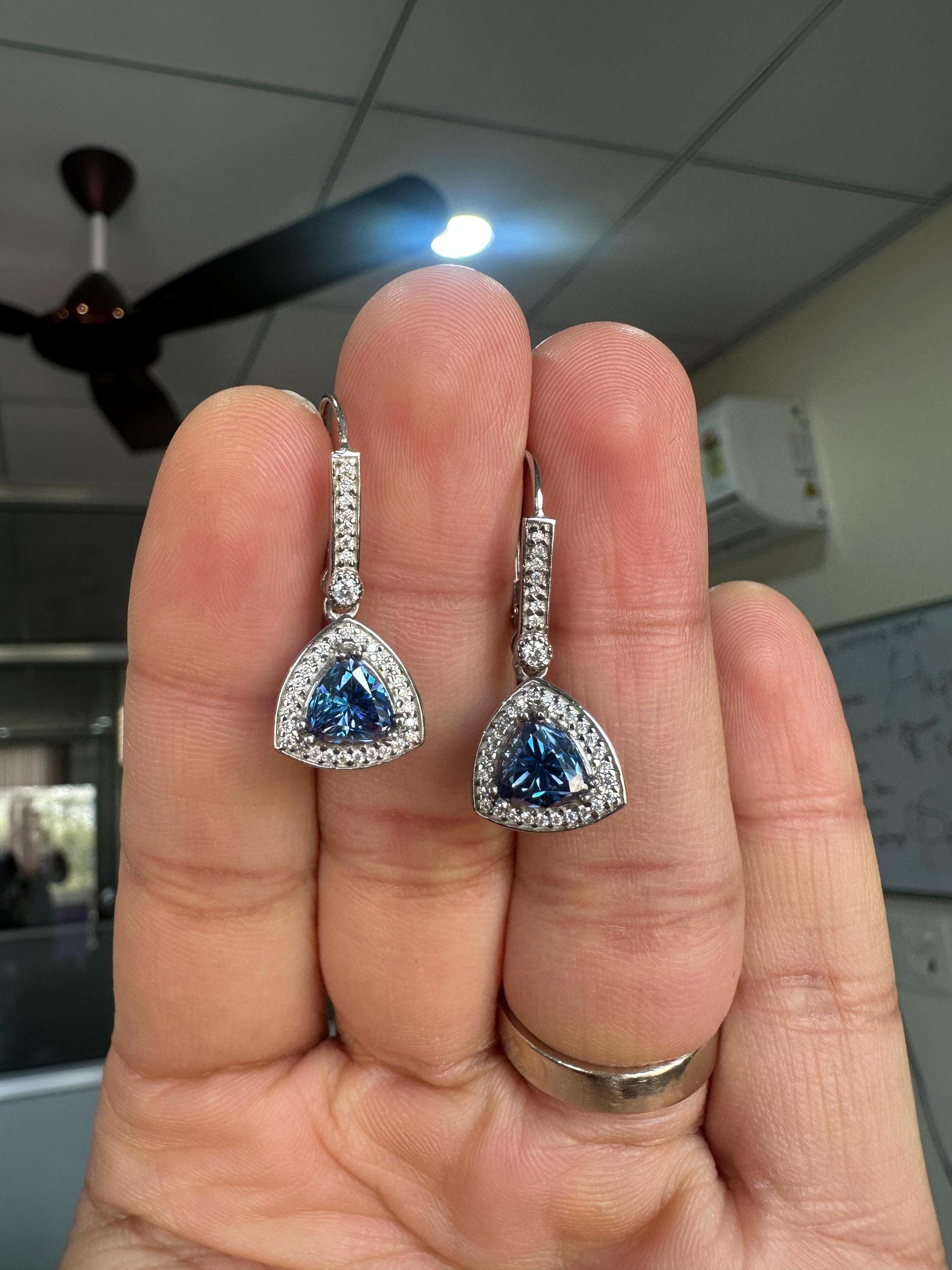 Alexandrite Moissanite Drop Earrings | Sterling Silver Halo, Color-Changing