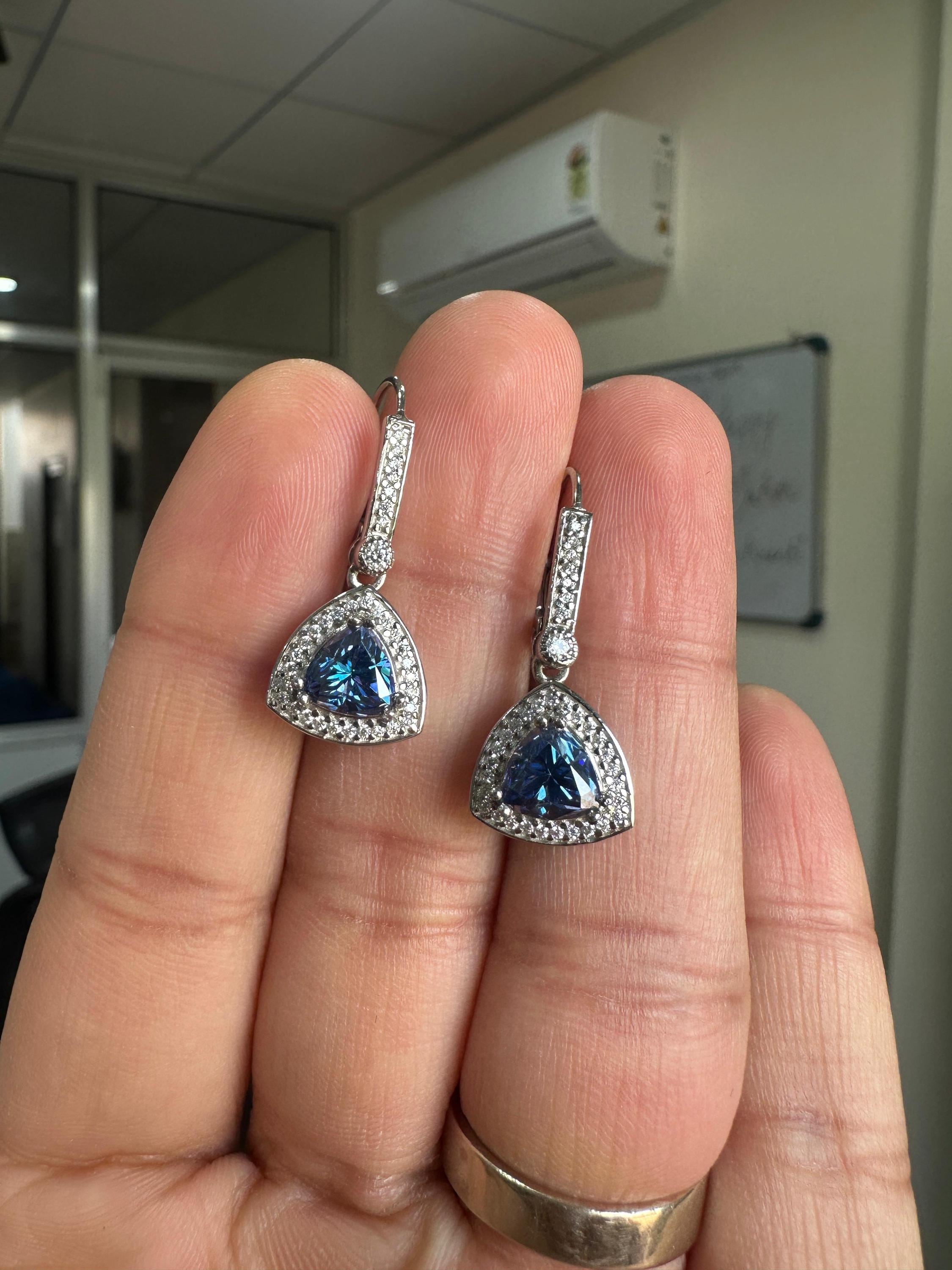 Alexandrite Moissanite Drop Earrings | Sterling Silver Halo, Color-Changing