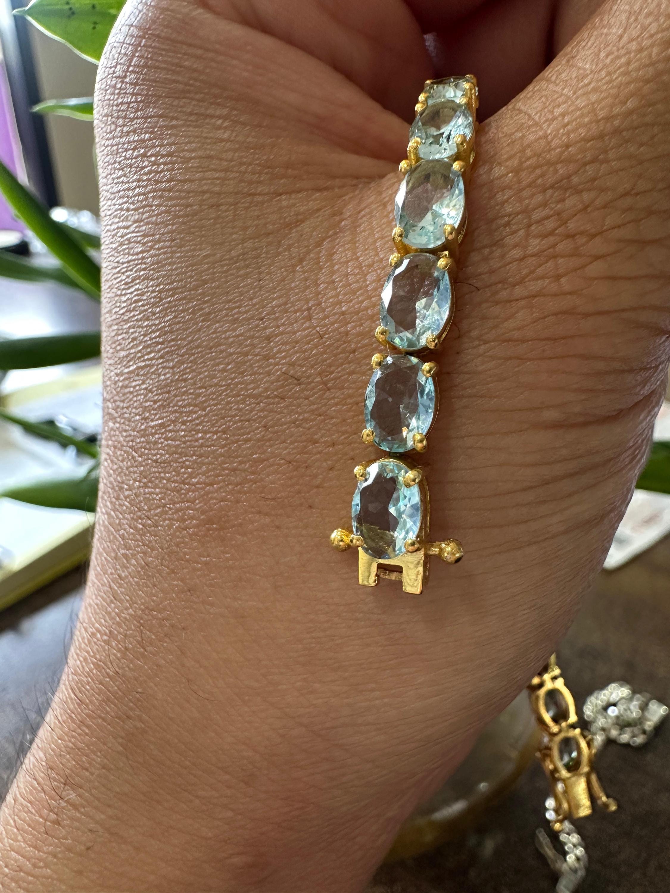 Natural Aquamarine Tennis Bracelet for gift | 14k Yellow gold vermeil plated, March Birthstone jewelry