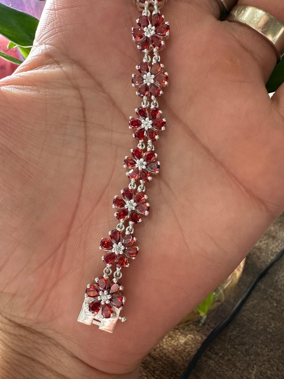 Customized Garnet Flower Bracelet | Pear Cut Red Gemstone, 925 Sterling Silver