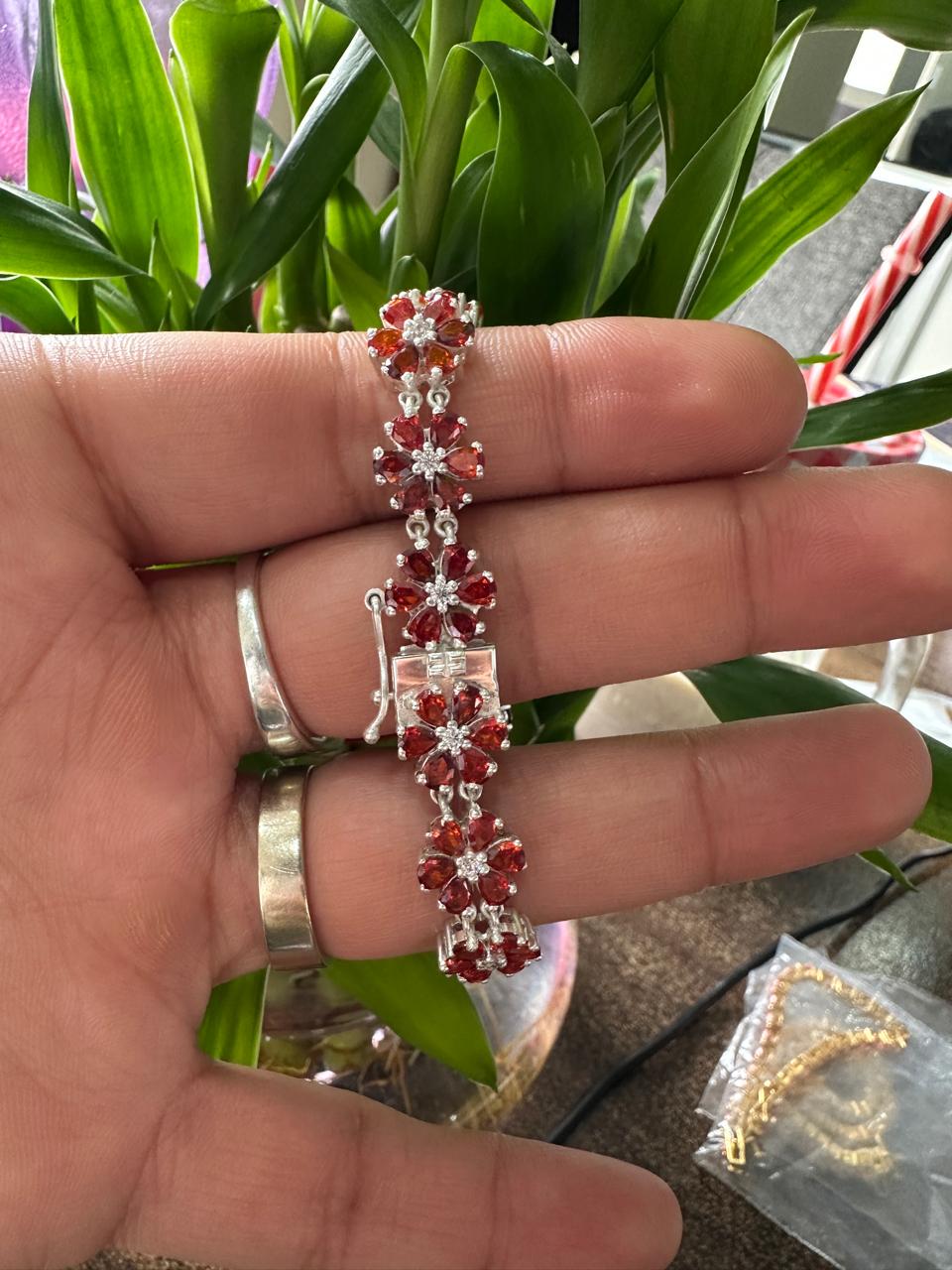 Customized Garnet Flower Bracelet | Pear Cut Red Gemstone, 925 Sterling Silver