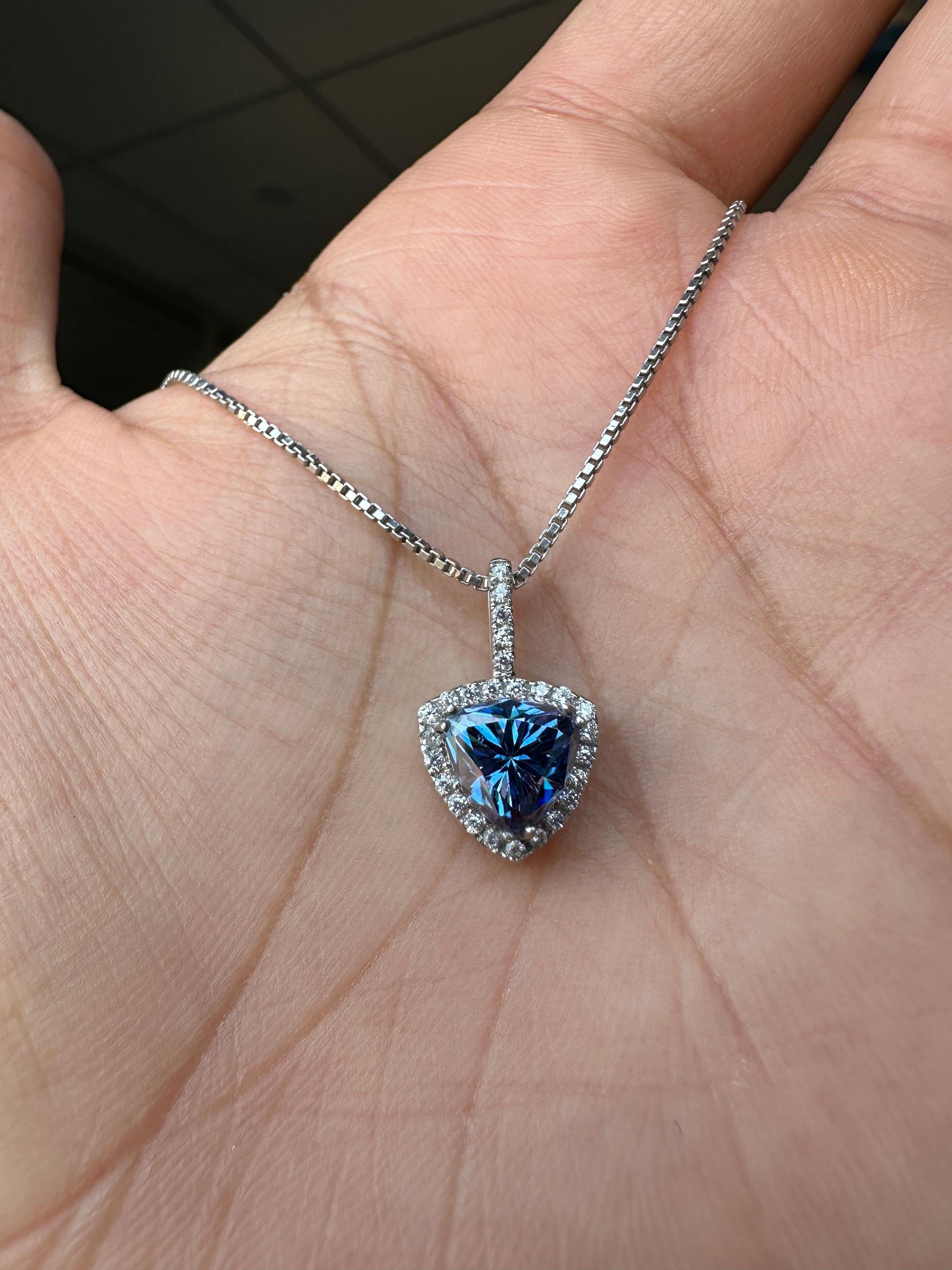 Blue Trillion Moissanite Halo Pendant | 925 Sterling Silver Necklace