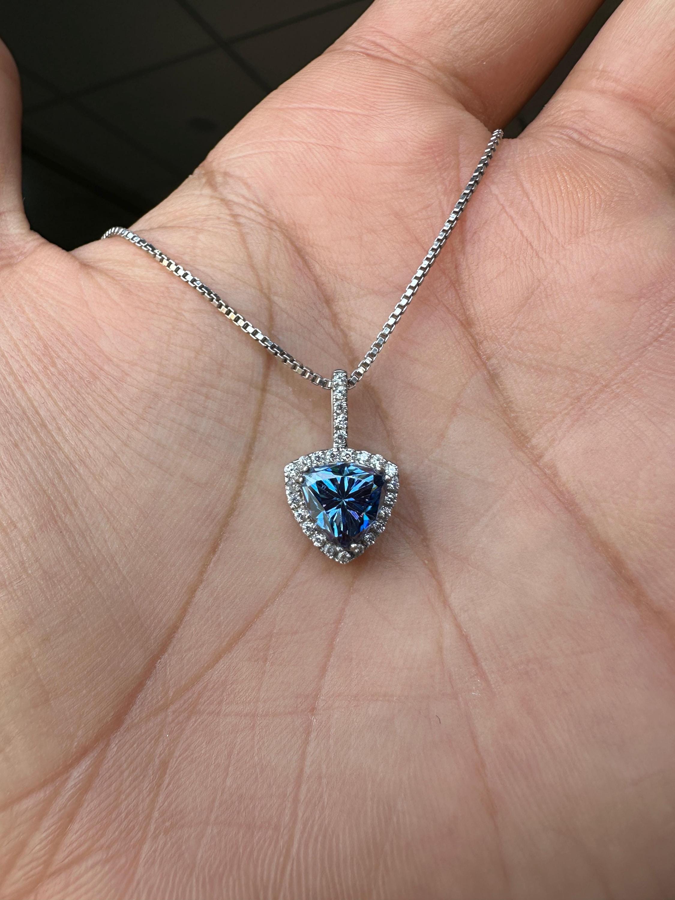 Blue Trillion Moissanite Halo Pendant | 925 Sterling Silver Necklace