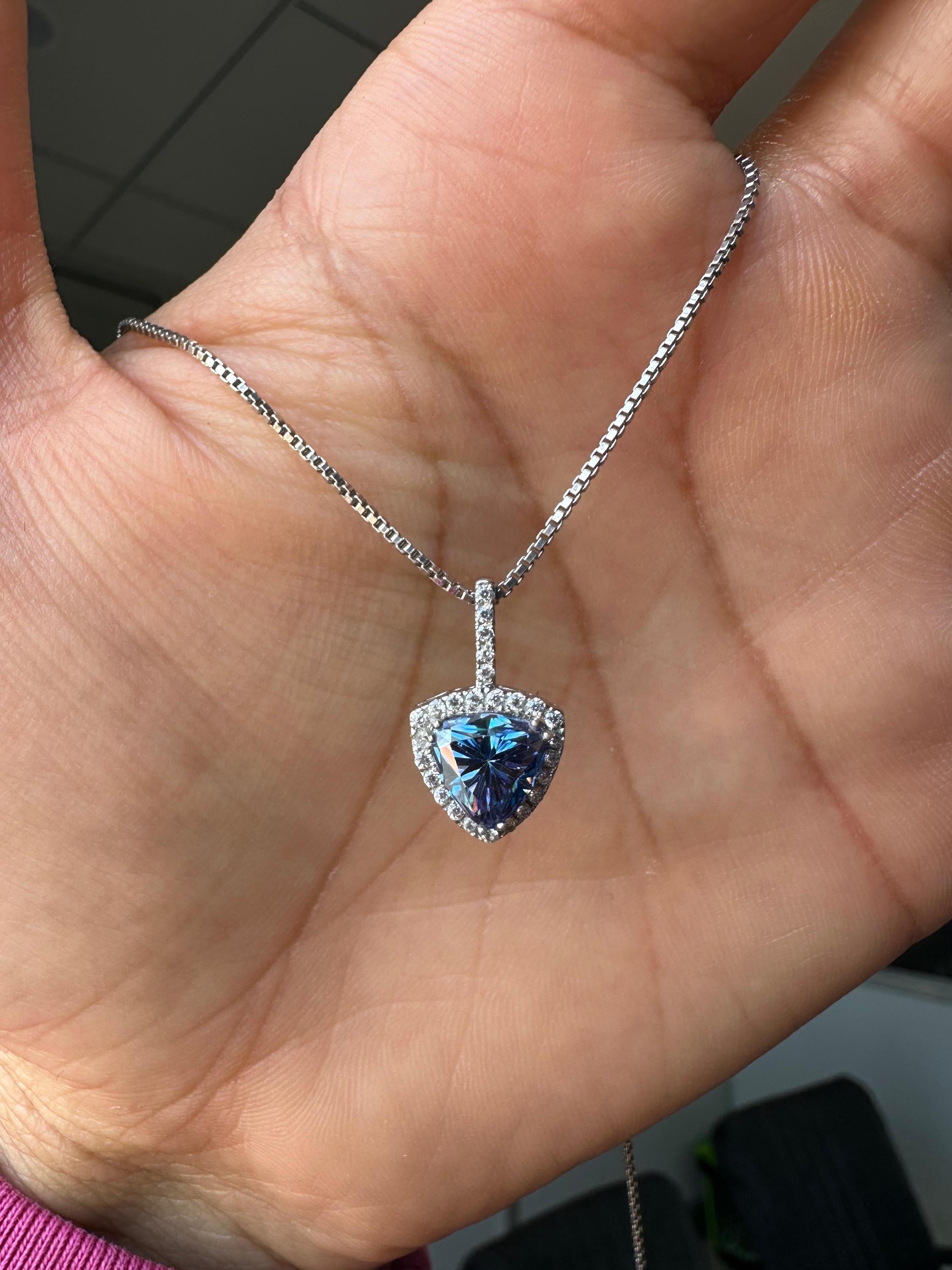 Blue Trillion Moissanite Halo Pendant | 925 Sterling Silver Necklace