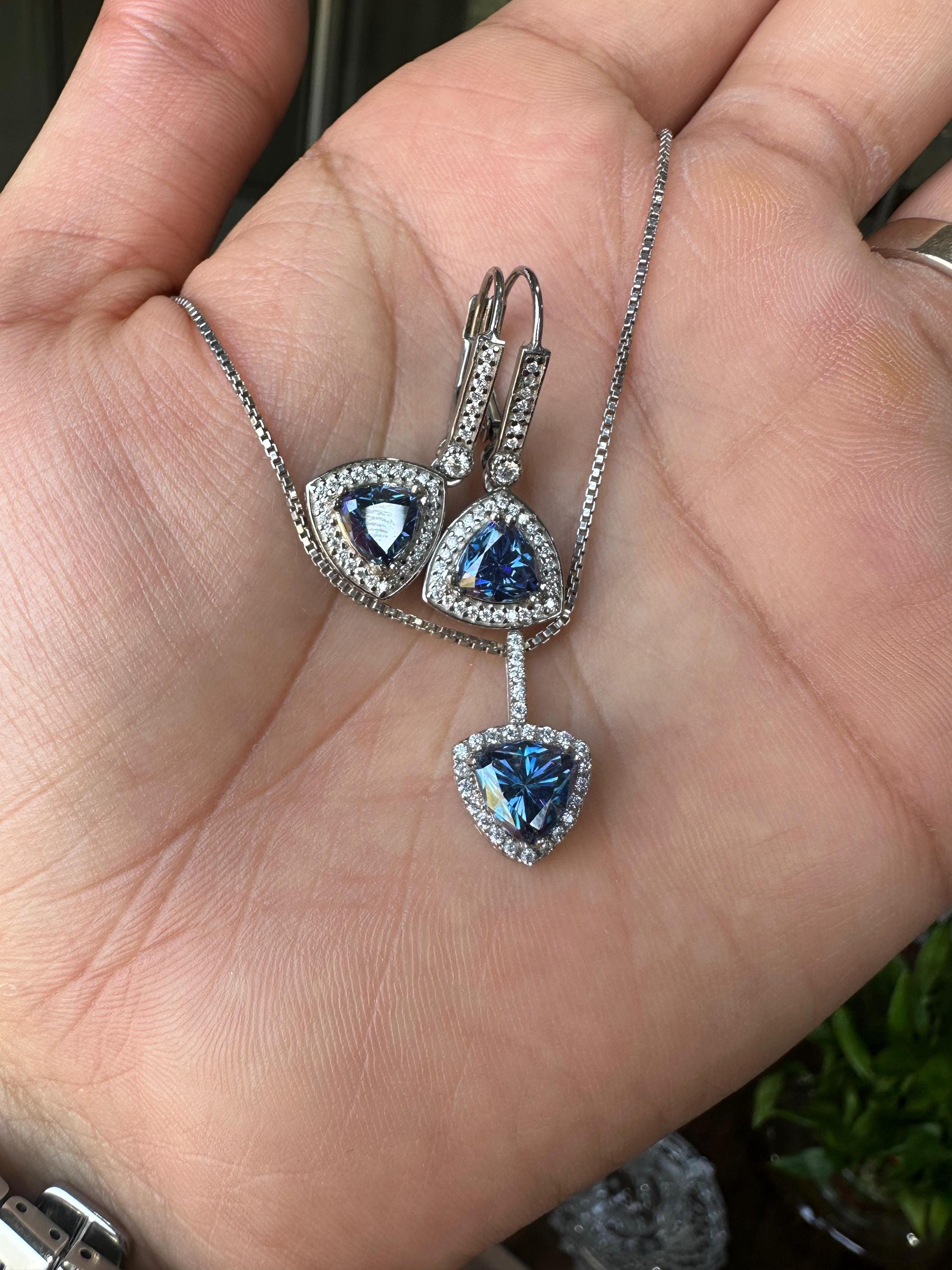 Blue Trillion Moissanite Pendant Earring Set | 925 Sterling Silver Halo Jewelry