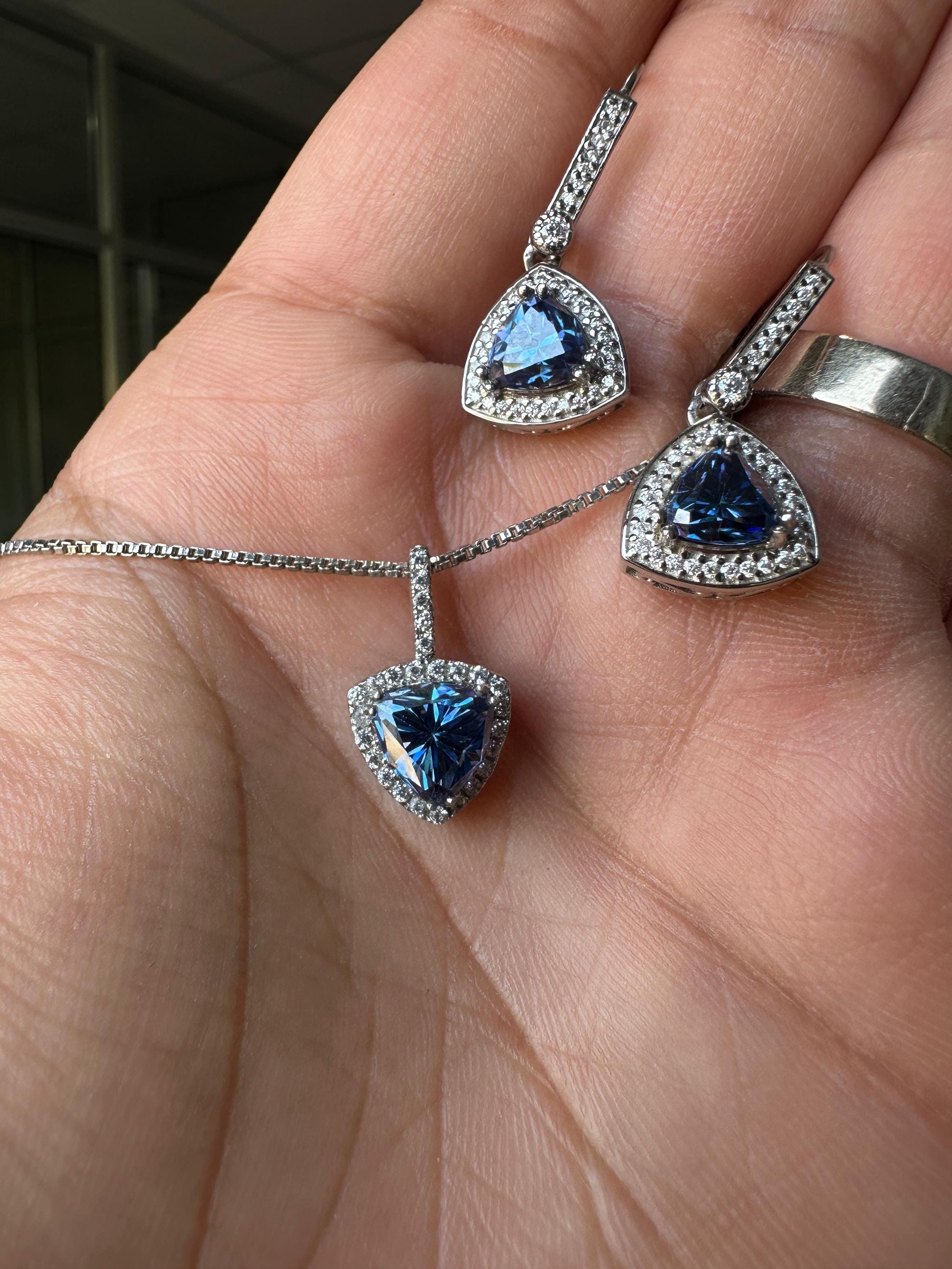 Blue Trillion Moissanite Pendant Earring Set | 925 Sterling Silver Halo Jewelry