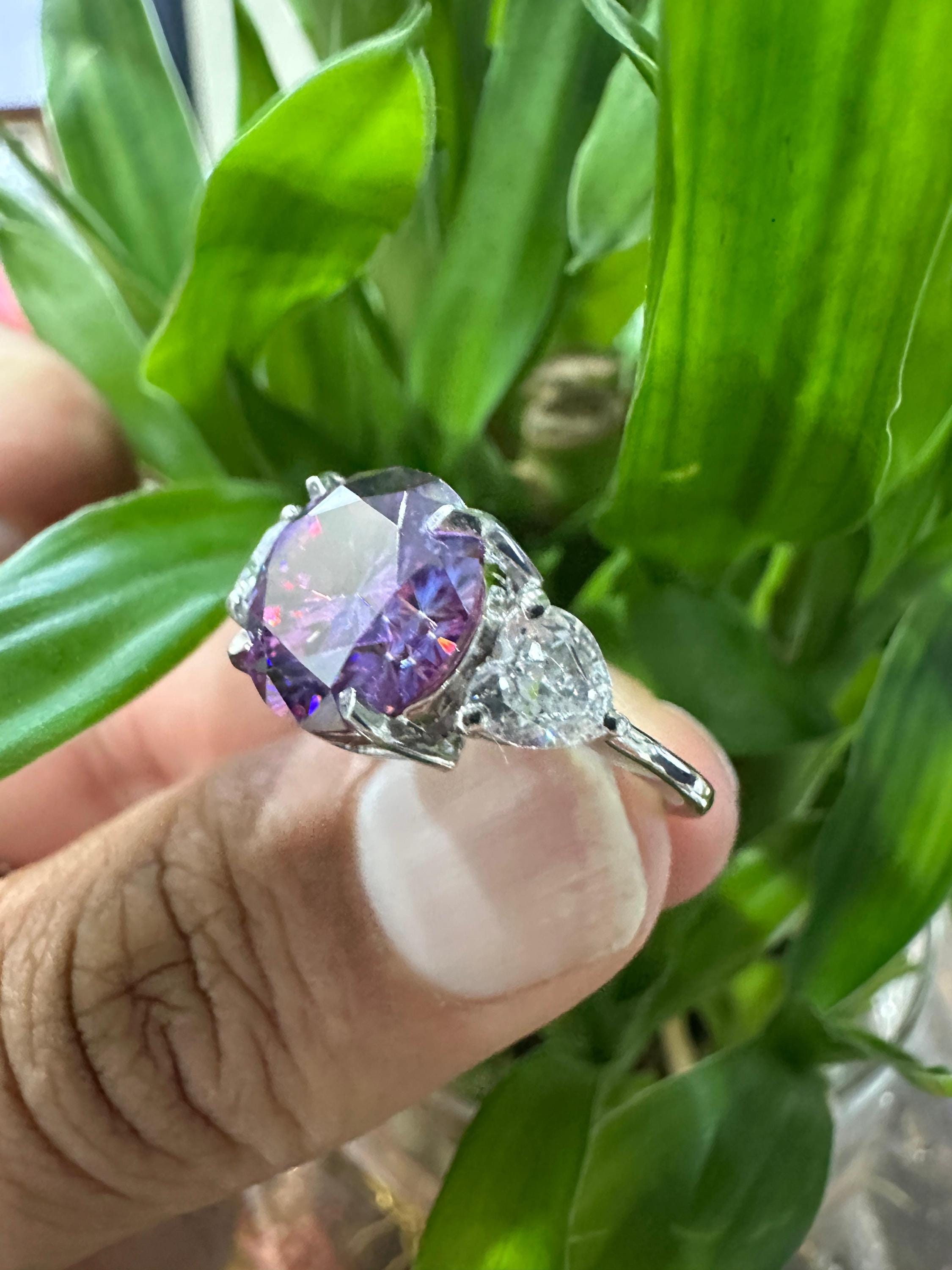 5 Ct Purple Moissanite Engagement Ring for her, 14k White Gold Statement Anniversary Ring